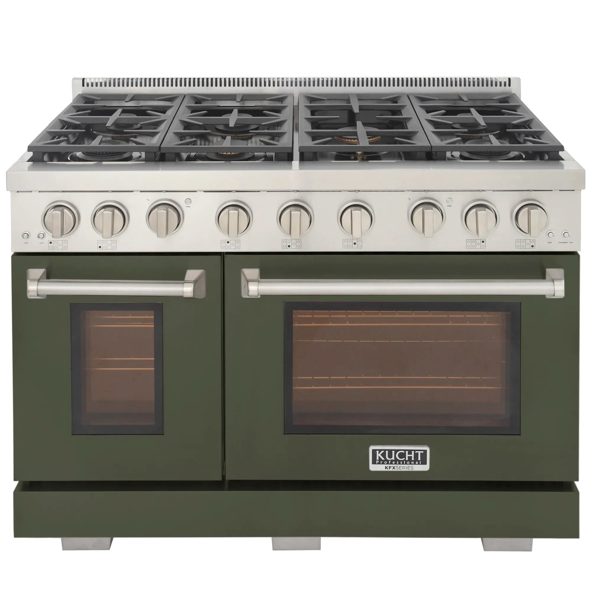 Olive green gas range with 6 burners, metal grates, and two oven doors with windows