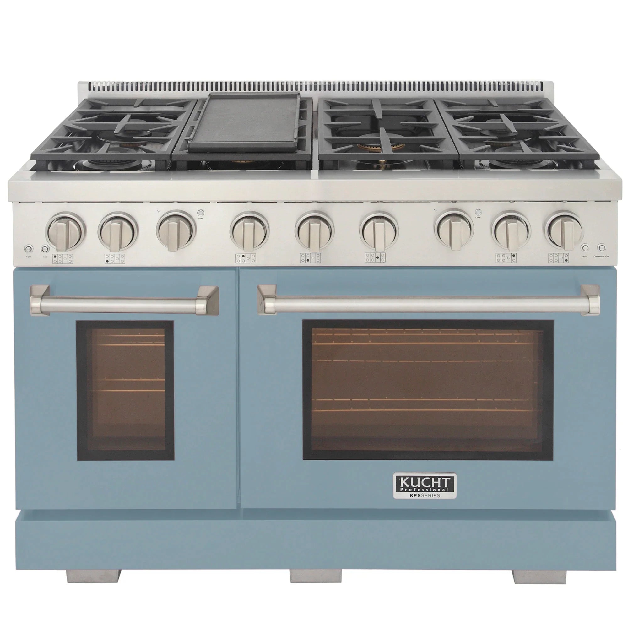 Light blue 48-inch gas range with stainless knobs, grates, and two glass oven doors