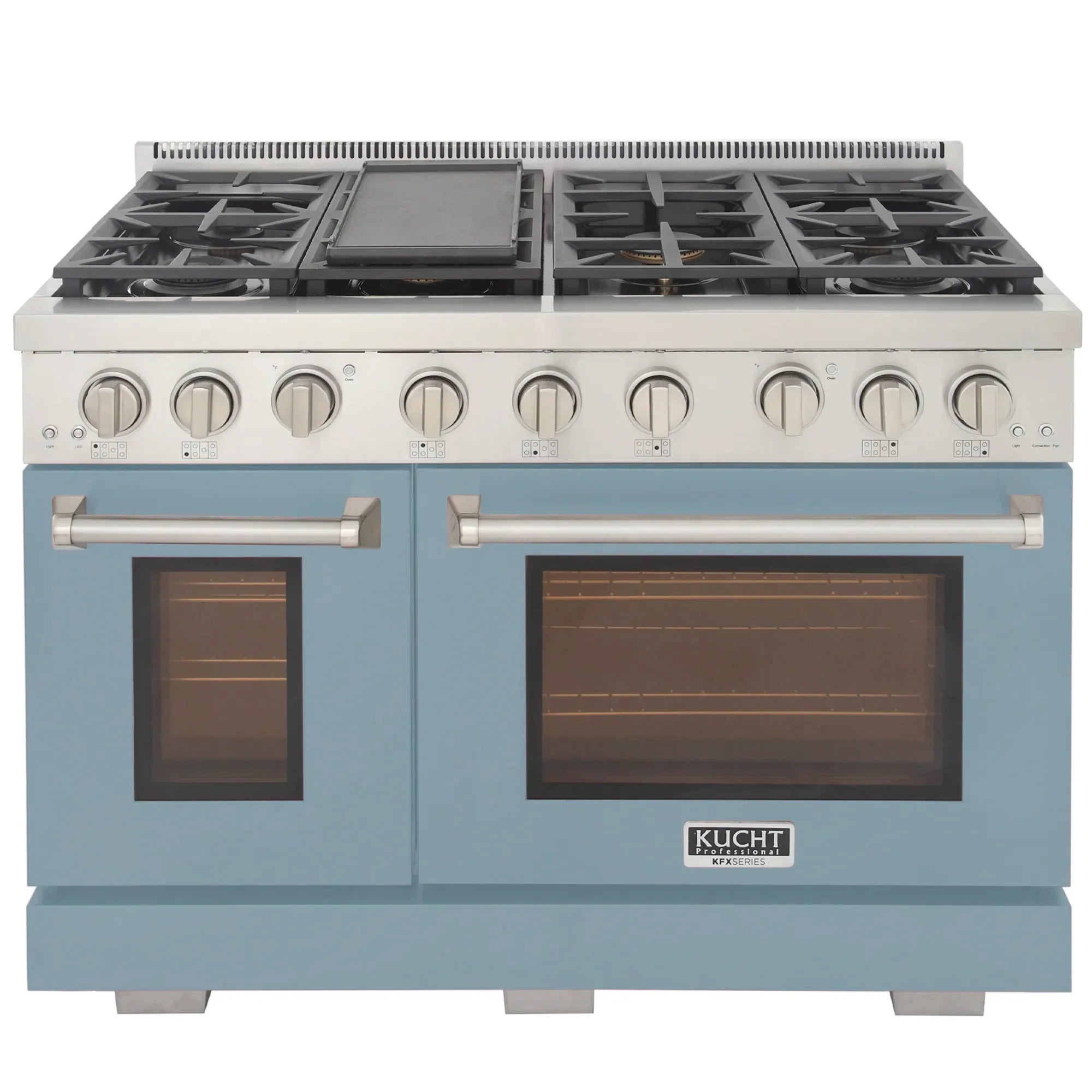 Light blue propane gas range with six burner grates and two oven doors