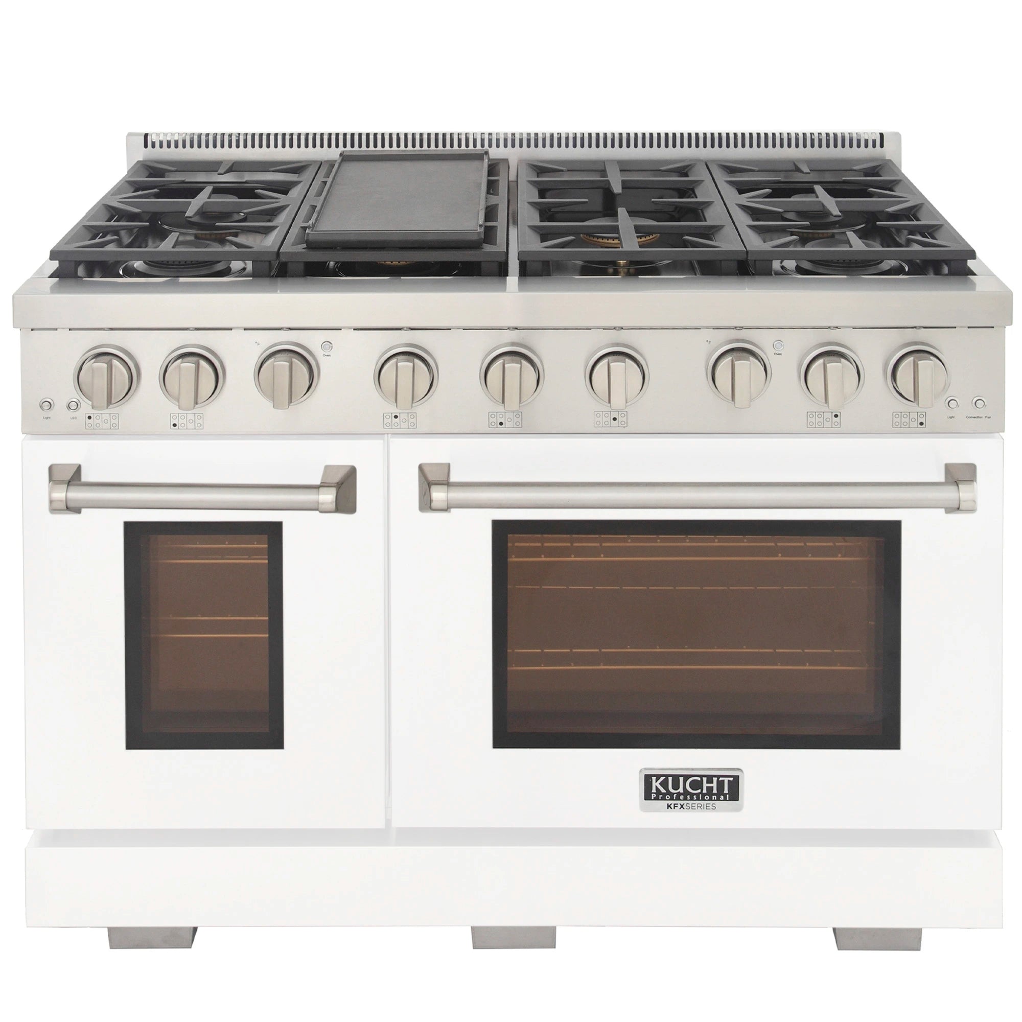 White gas range with silver controls, four burners, and center black griddle