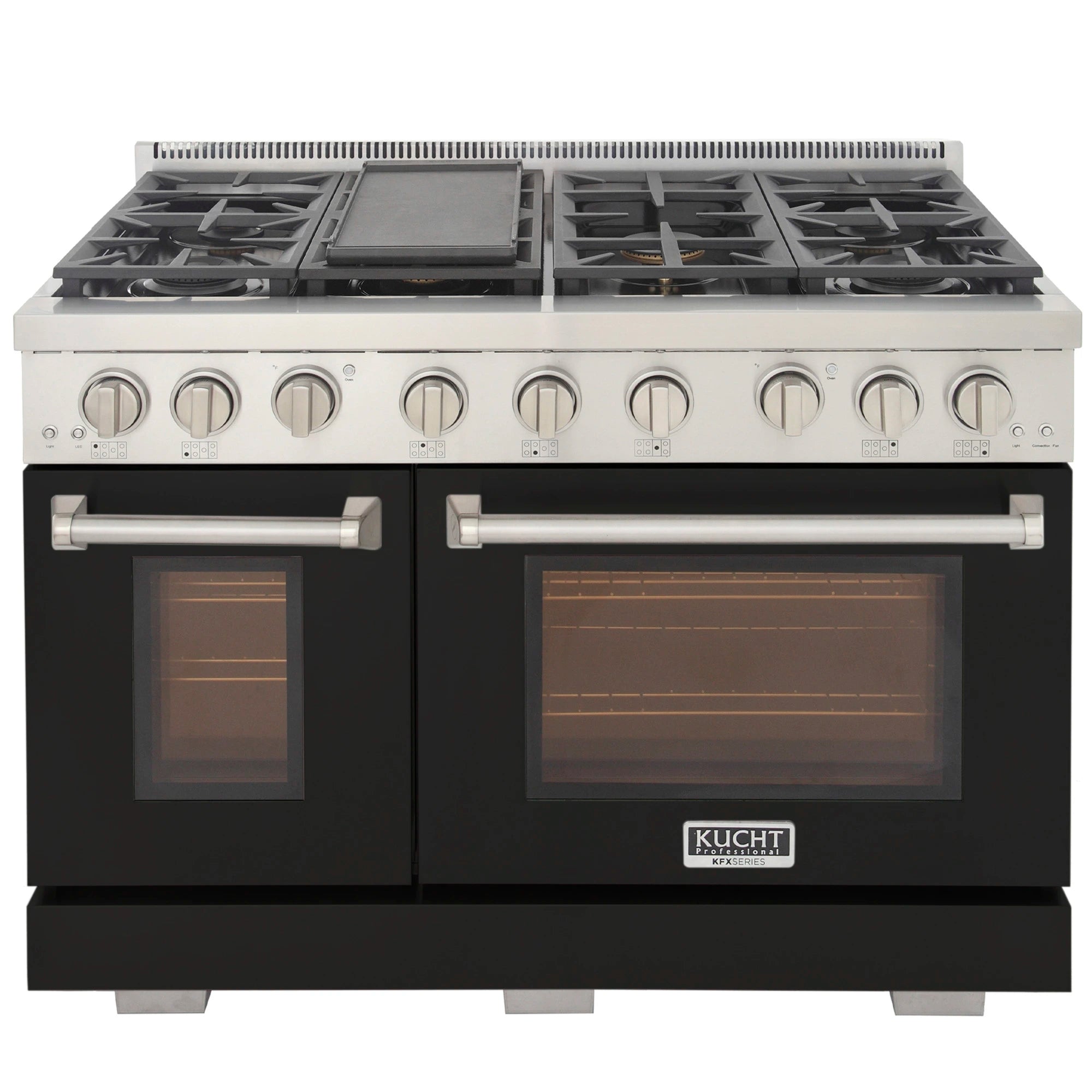 Black gas range with center griddle, six burners, silver knobs, and dual ovens