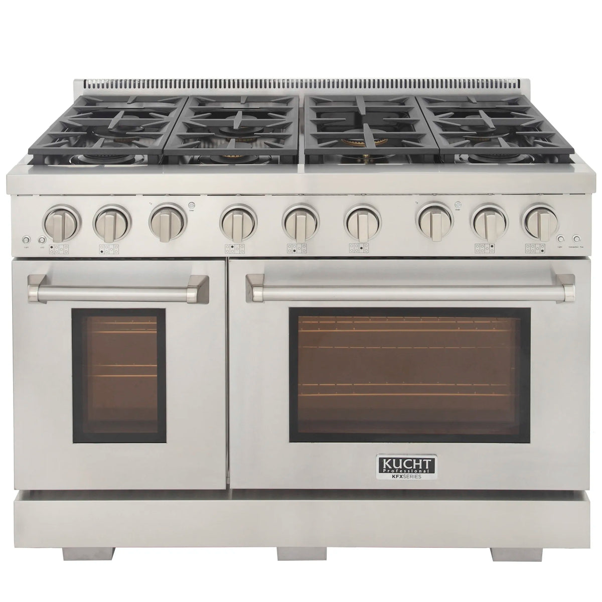 Stainless steel gas range with burner grates and dual oven windows