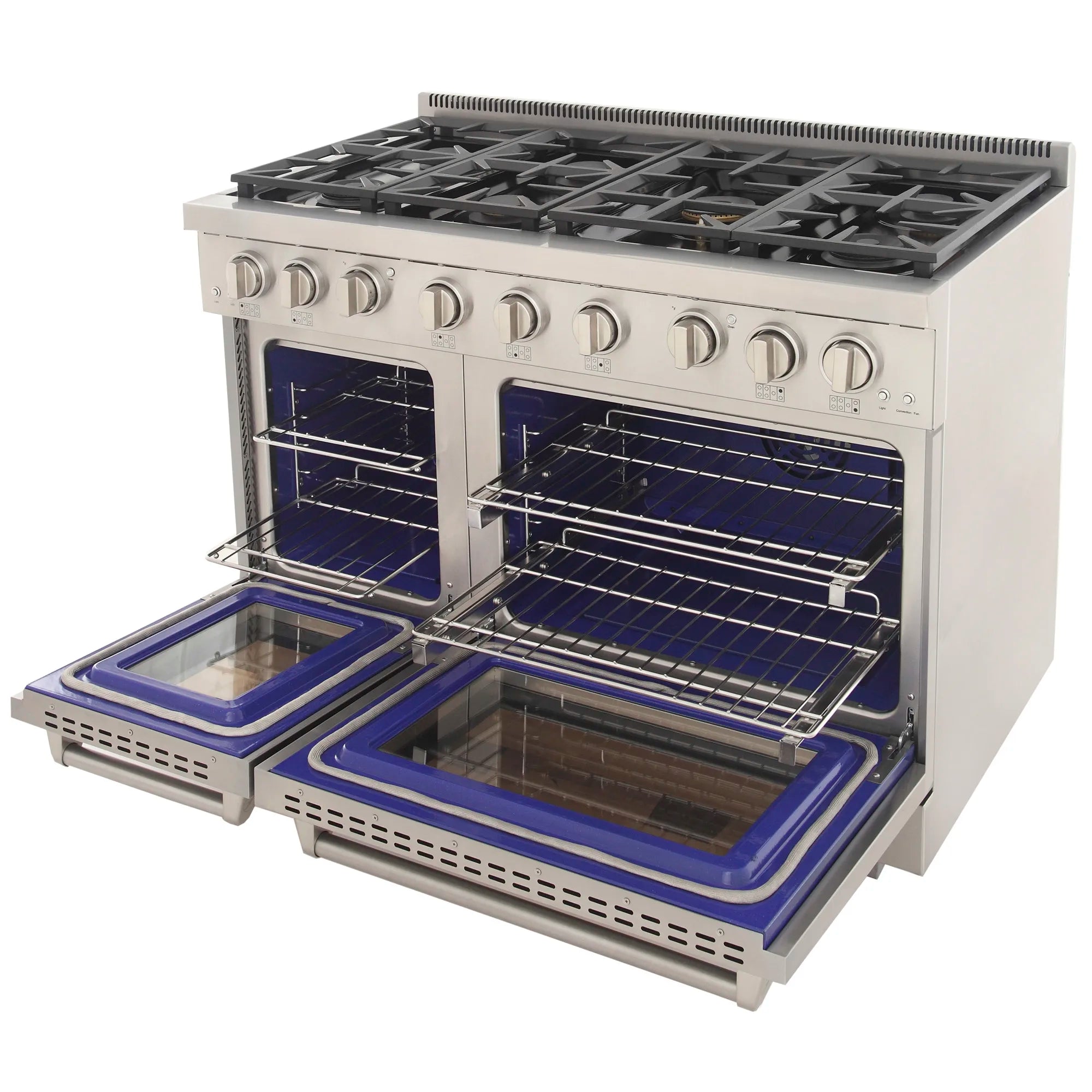 Open-door gas range showing two ovens with racks and blue-lit burner backs