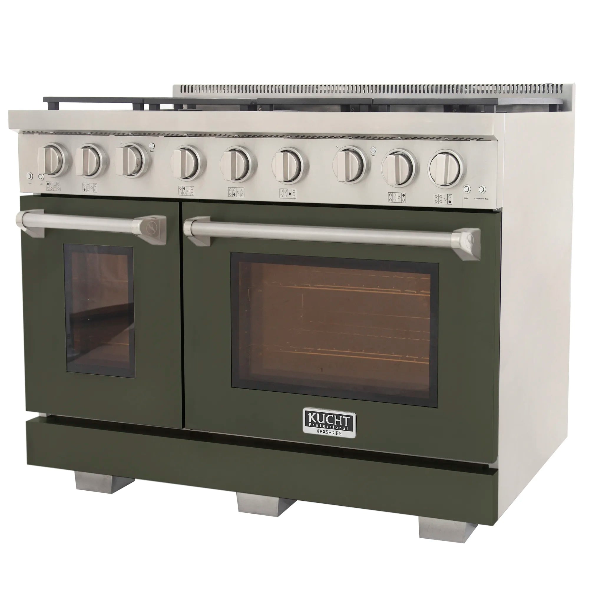Olive green gas range with two oven windows, long warming-style handles, front controls