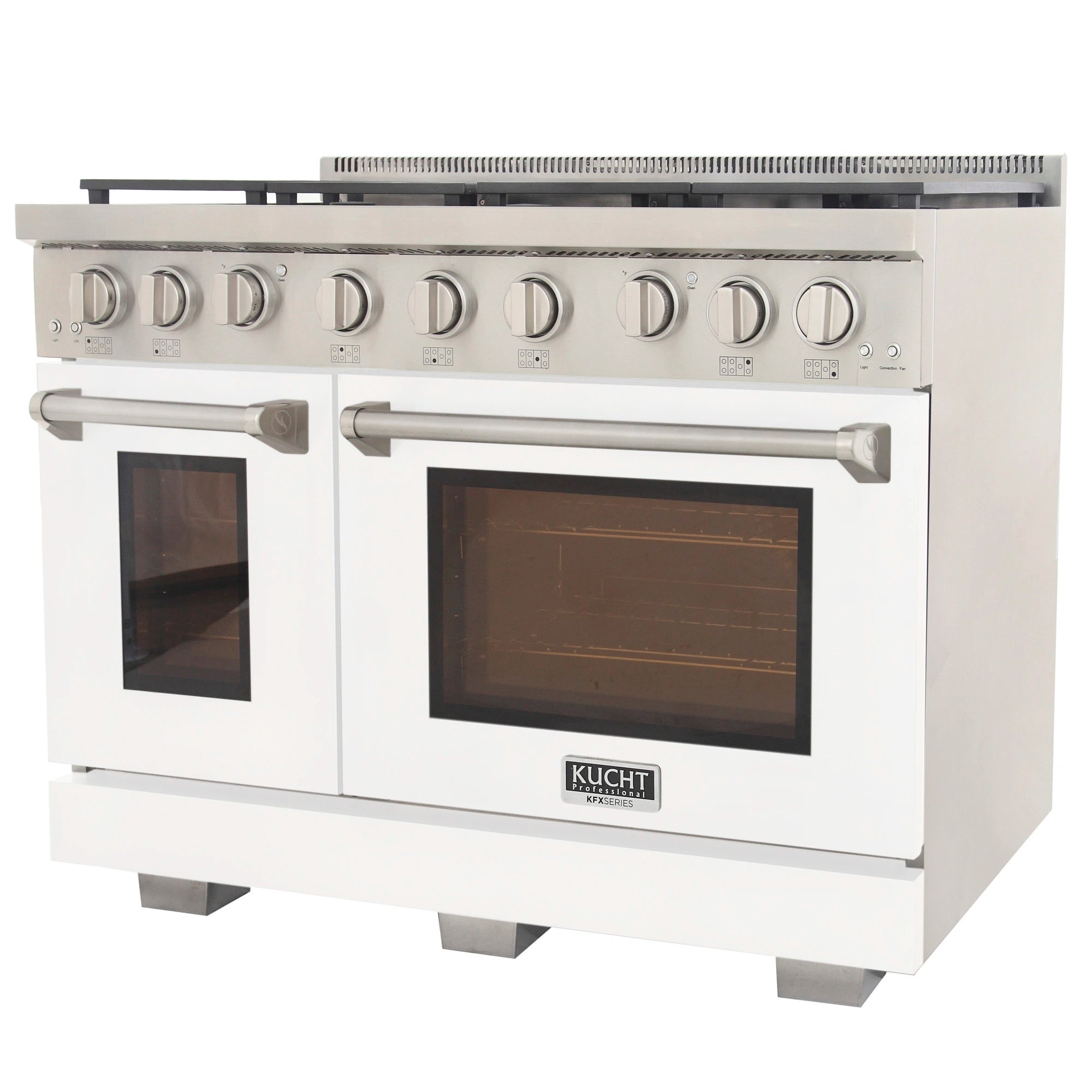 White gas range with silver control panel, two oven doors, and four burners