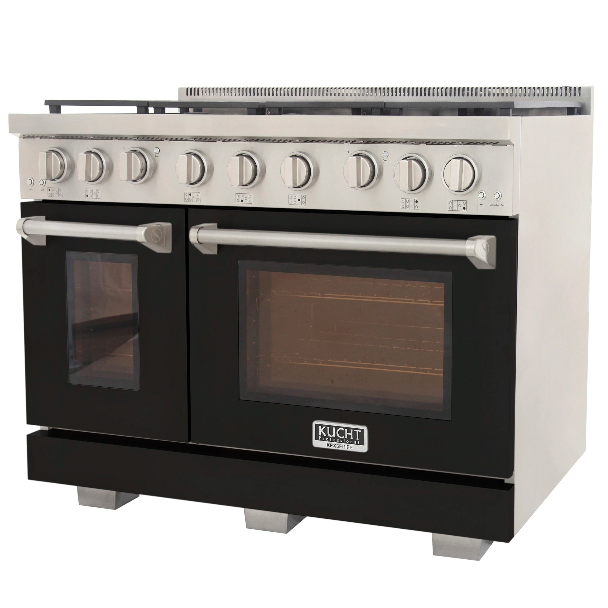 Front view of stainless and black gas range with two oven windows and control knobs
