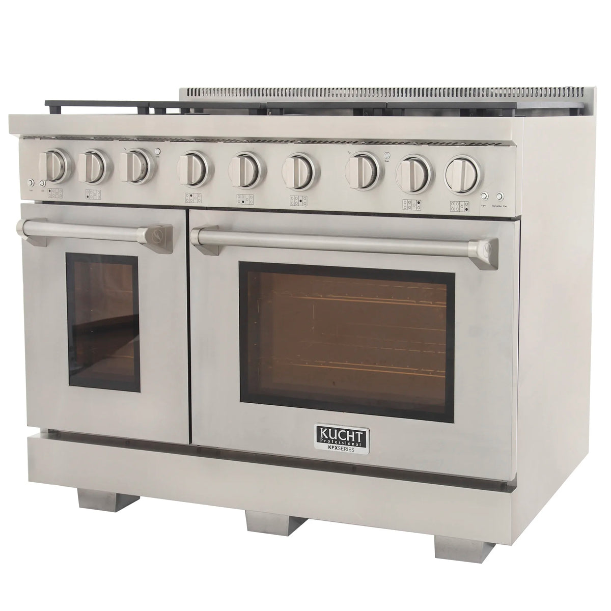 Stainless steel gas range with dual oven doors and control knobs