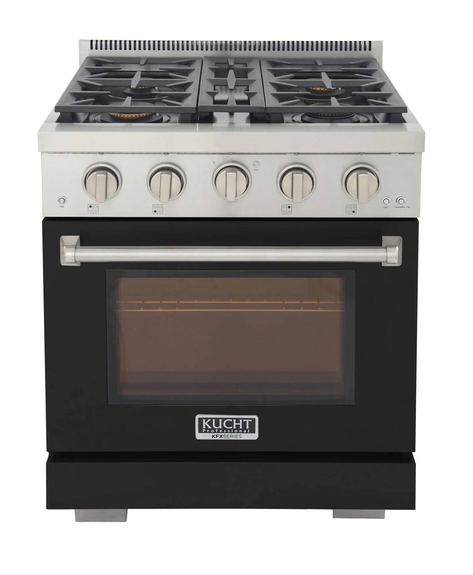 Kucht 30-inch propane gas range in black, four-burner cooktop and front control knobs