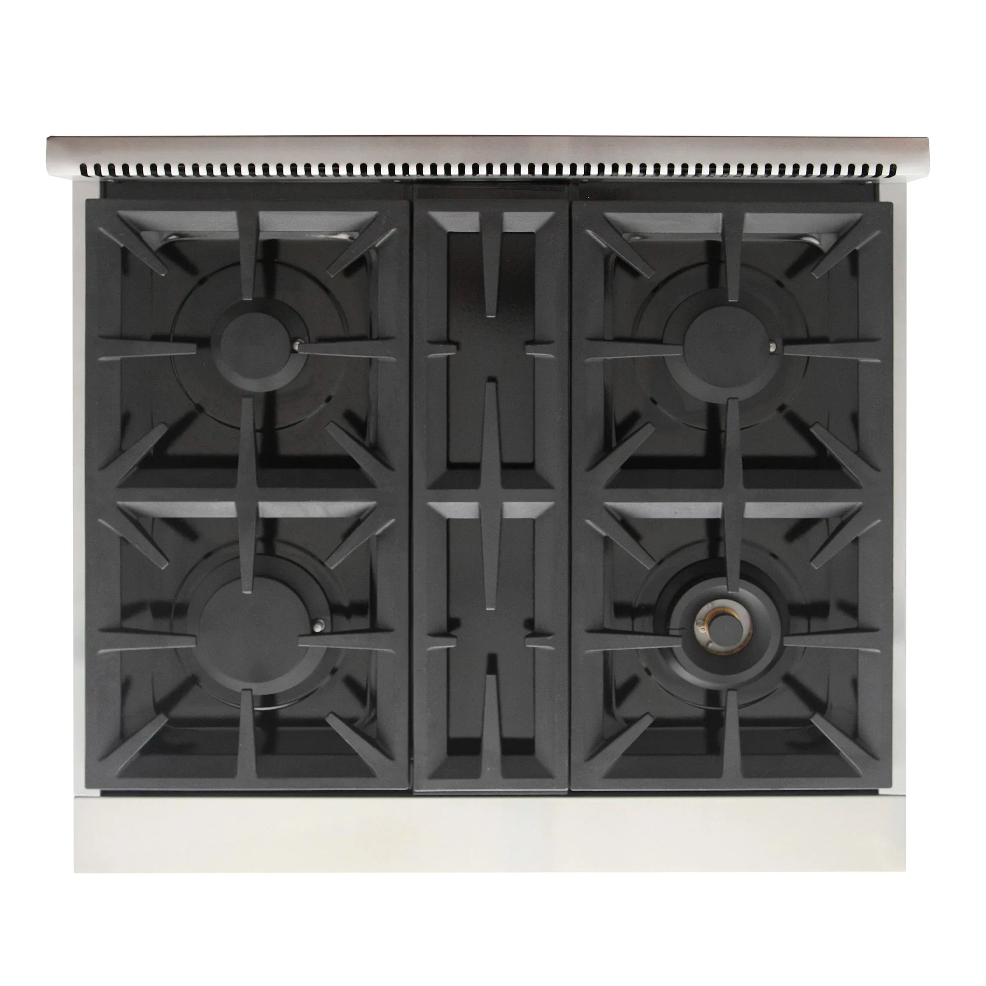 Cement gray propane gas range cooktop with five black grates and burner caps