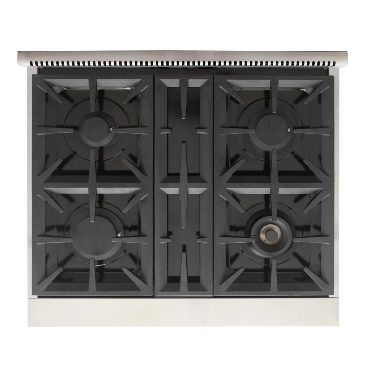 Cement gray gas cooktop with four black burners and cast-iron grates