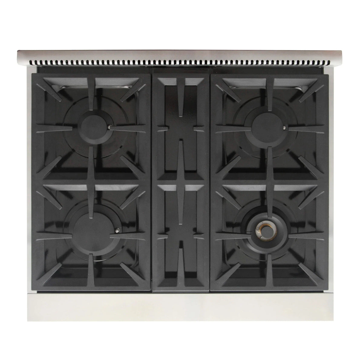 Olive green propane gas range cooktop with four black gas burners and grates