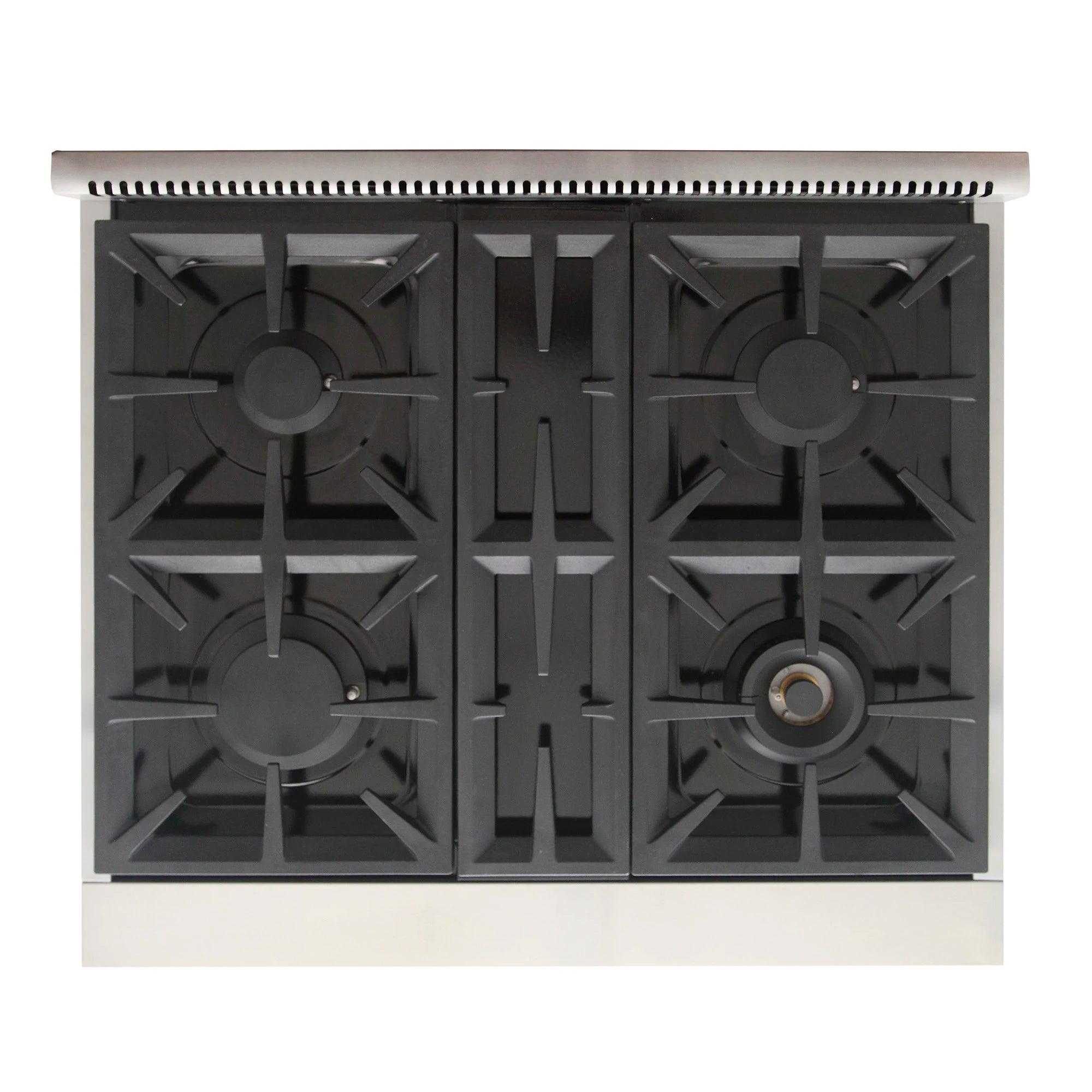 Black cast-iron cooktop grates with four burners on a white Kucht gas range top