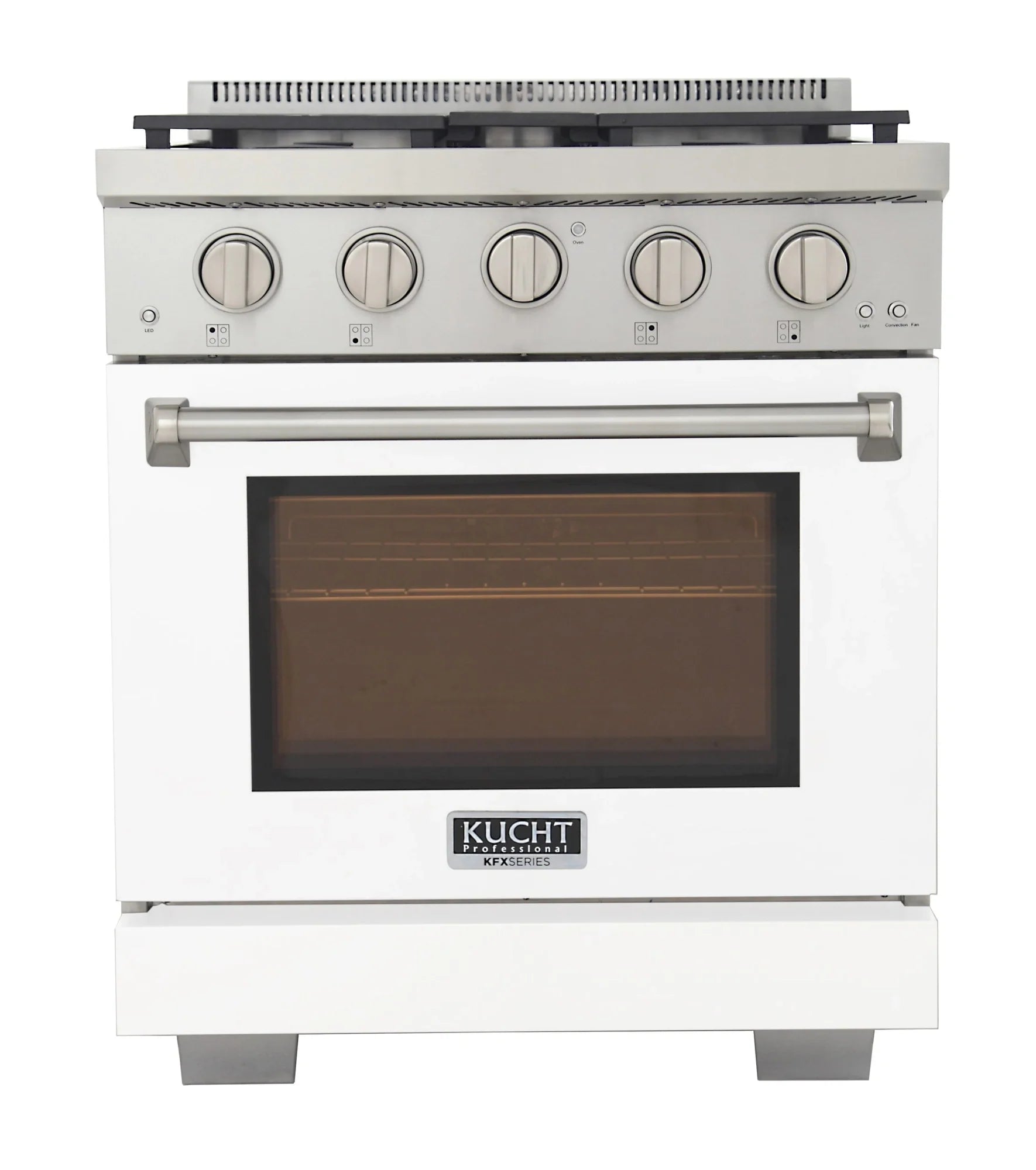 White propane gas range with 5 burner grates, oven door closed, control knobs