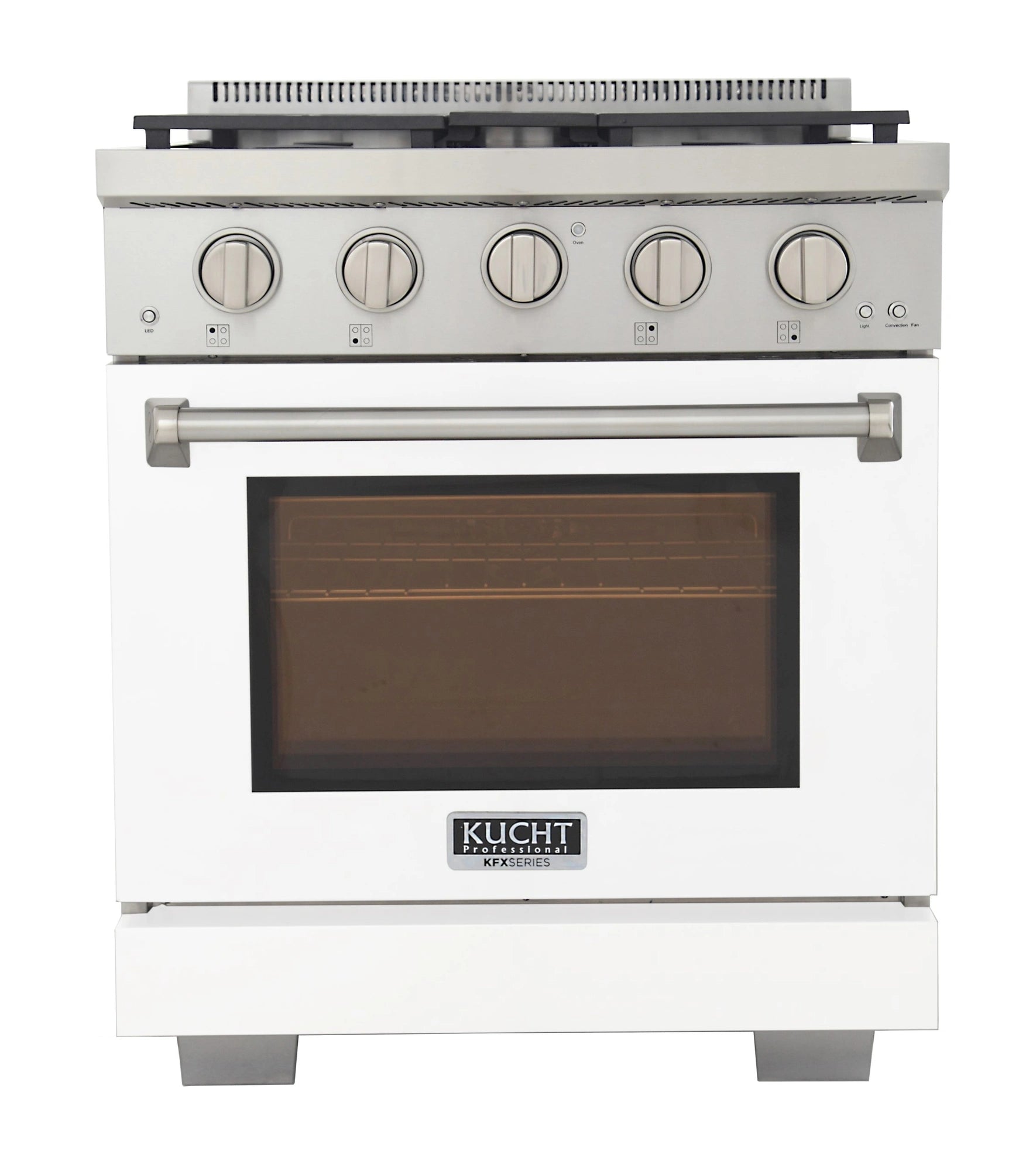 White Kucht 30-inch gas range with oven window and five control knobs on front panel