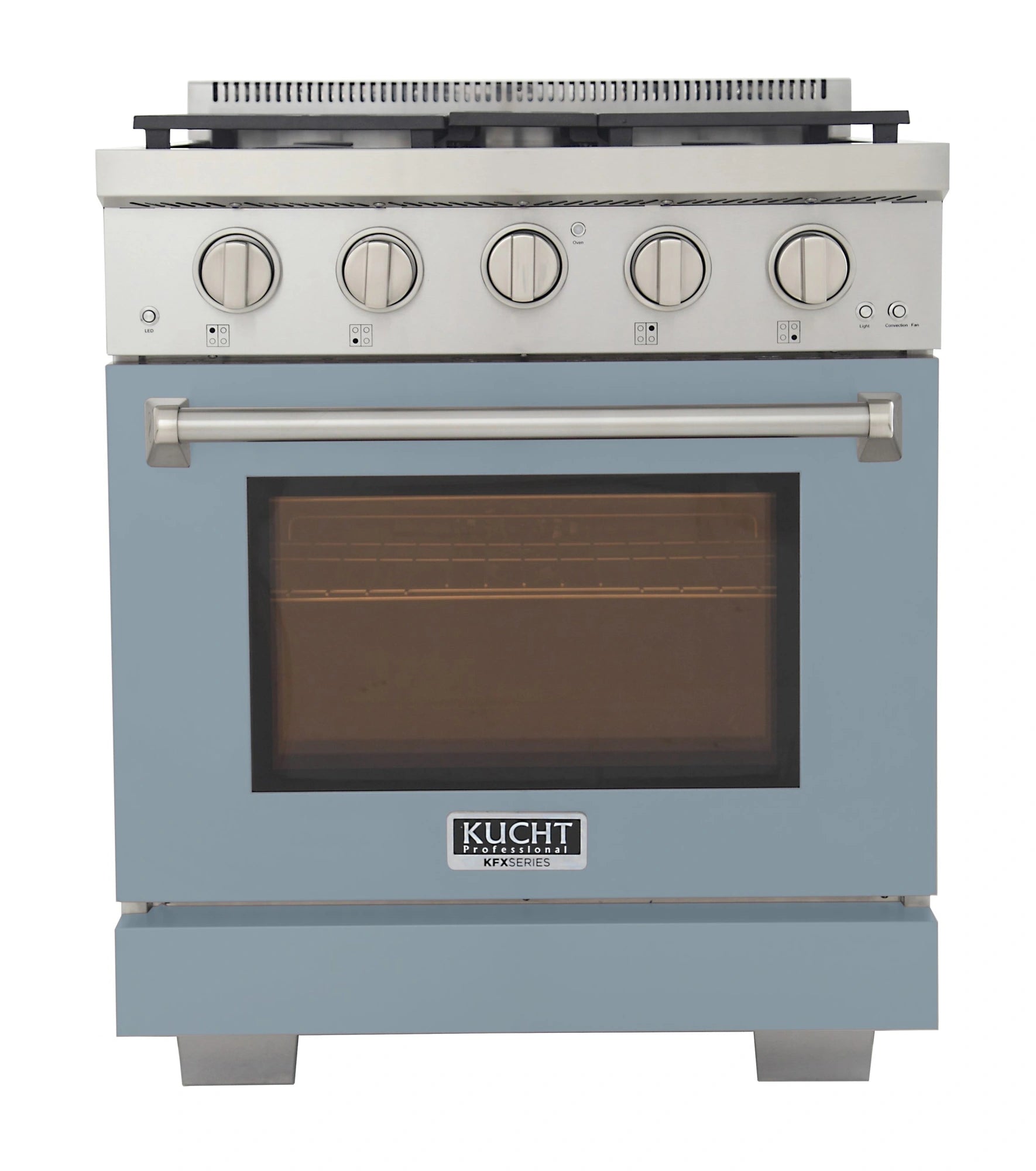 Gas range lower side panel in light blue with stainless steel trim