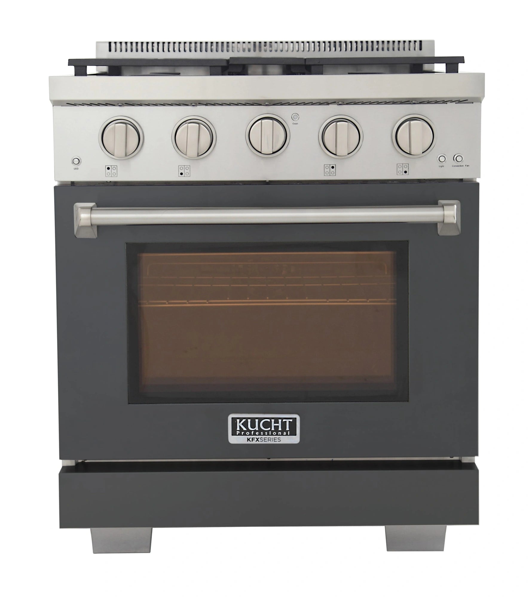 Cement gray gas range with oven door window and five front control knobs