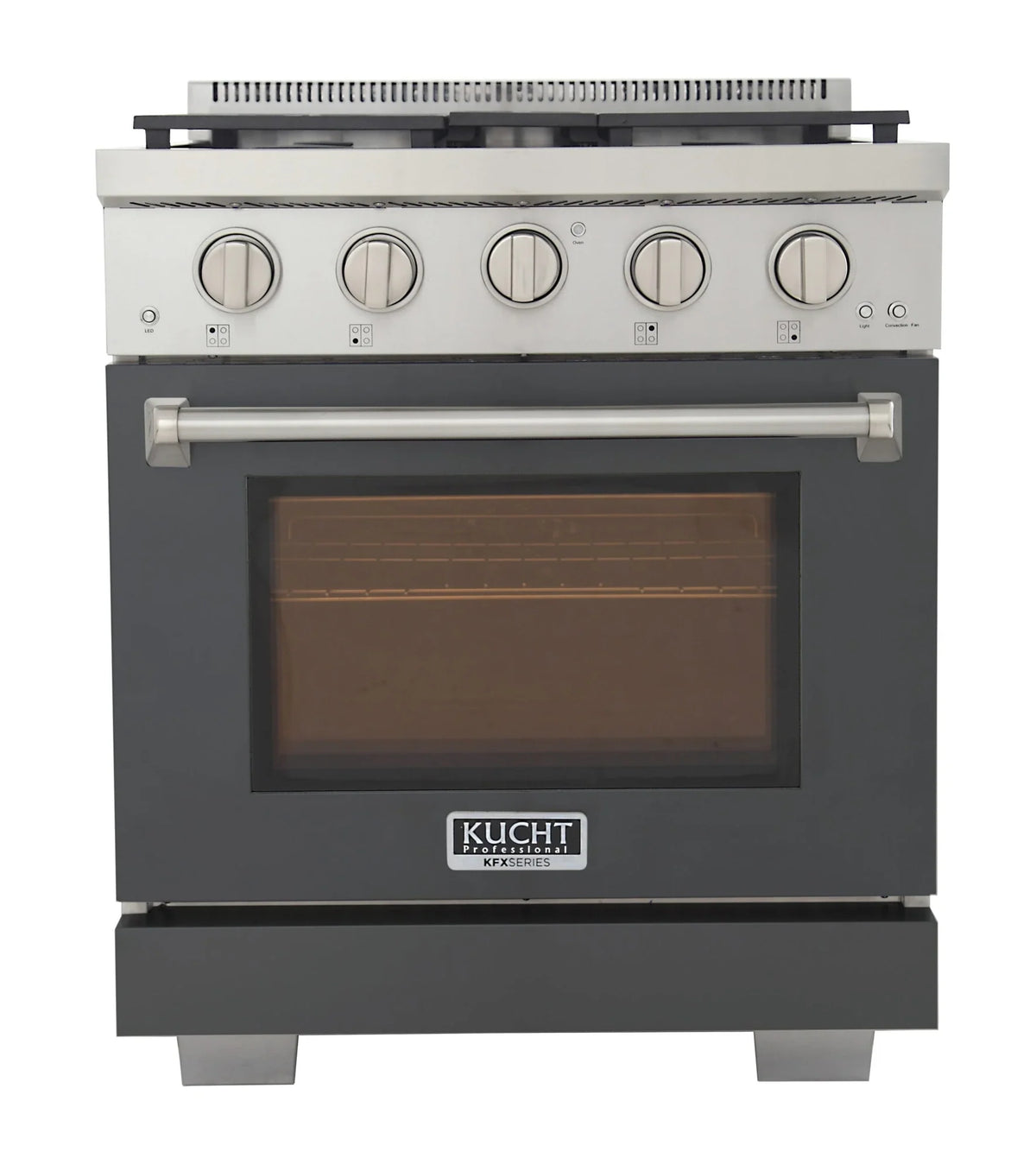 Olive green 30 in propane gas range with silver control knobs and oven door