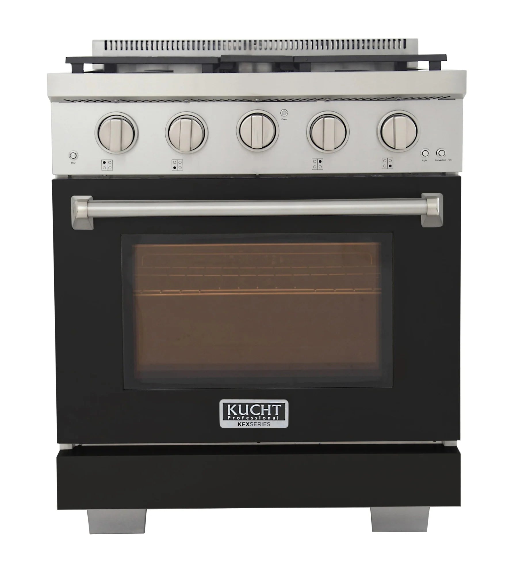 Kucht 30-inch propane gas range in black, front view with oven door and control knobs