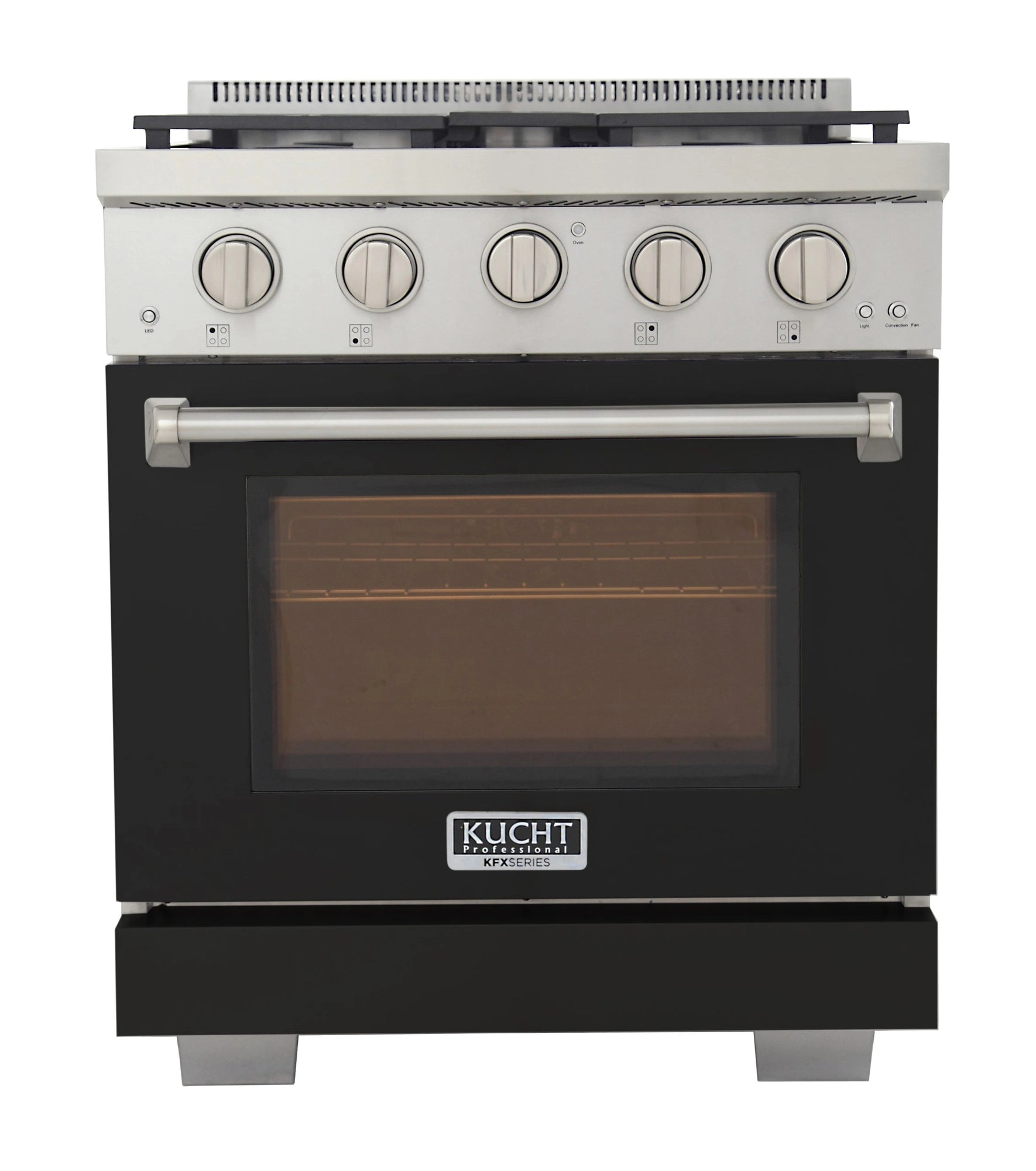 Black gas range with front control knobs and closed oven door with clear window panel.