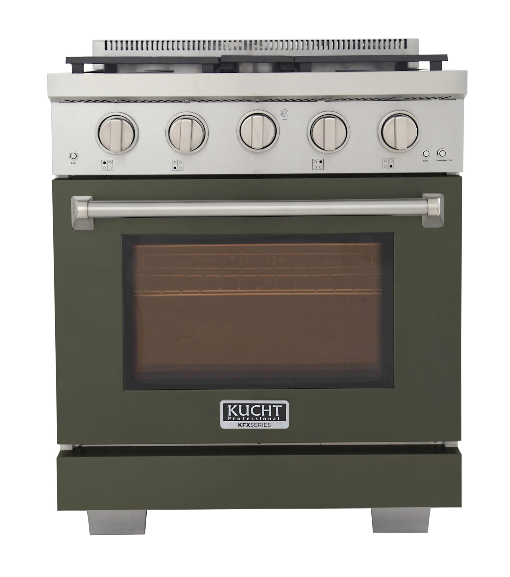 Olive green gas range with five control knobs and viewing window