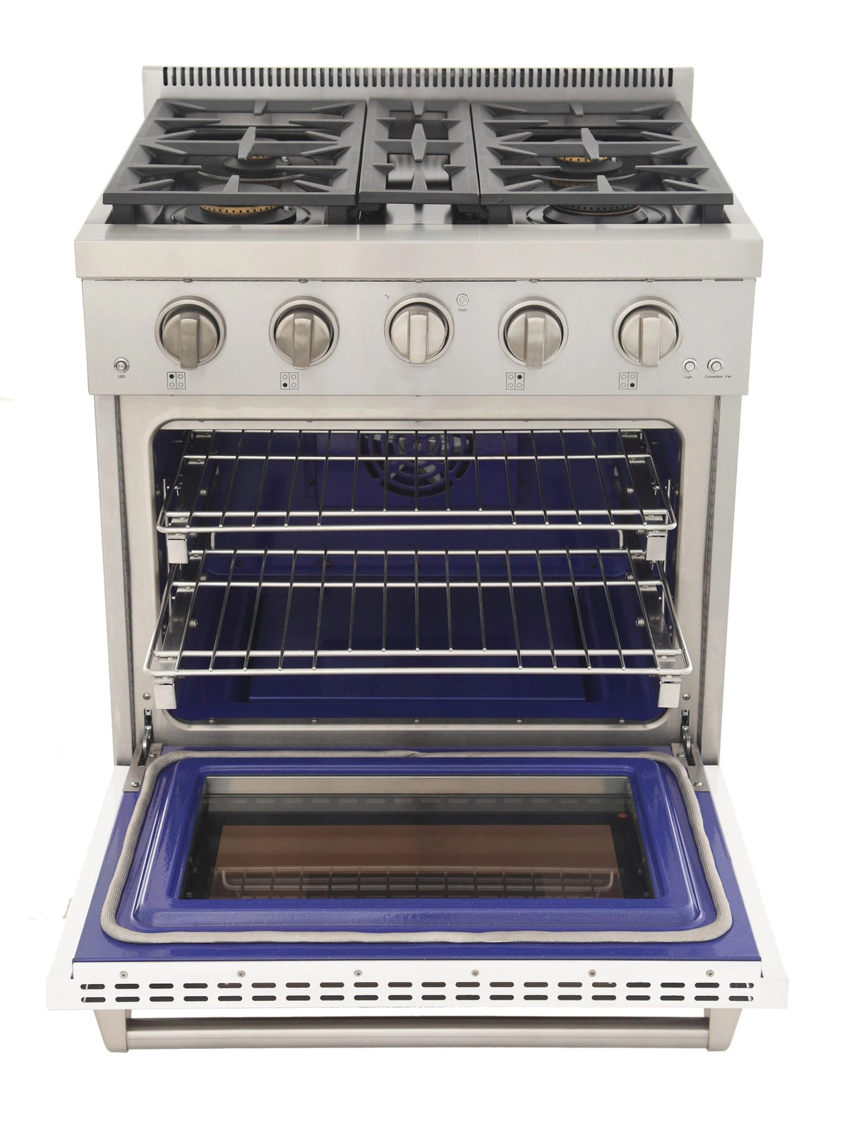 White gas range with open oven door, wire racks, blue interior, and black burner grates