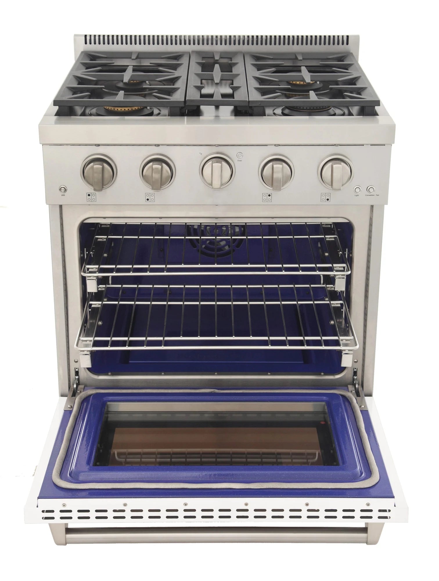 White Kucht gas range with open oven door showing racks and blue interior base
