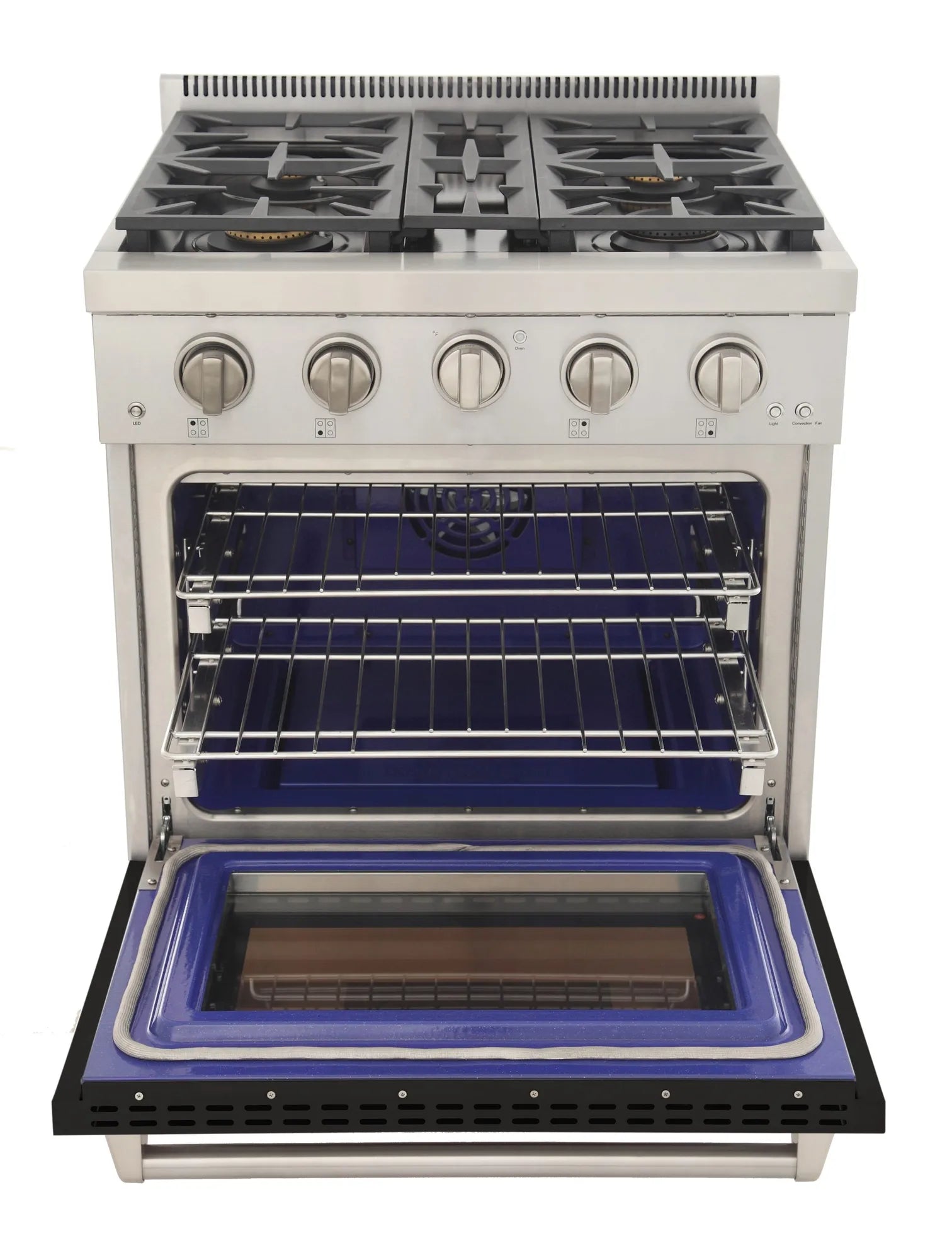 Open gas range oven with blue base tray, wire racks inside, silver knob panel and grates