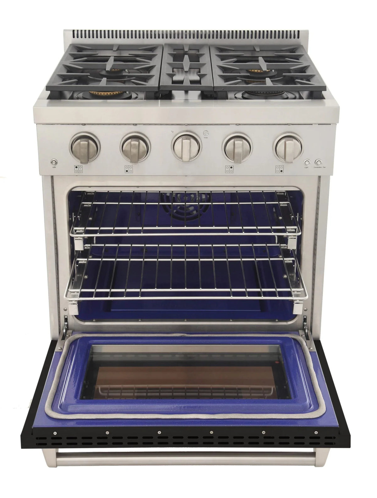 Kucht propane gas range, open oven with blue interior base and wire racks