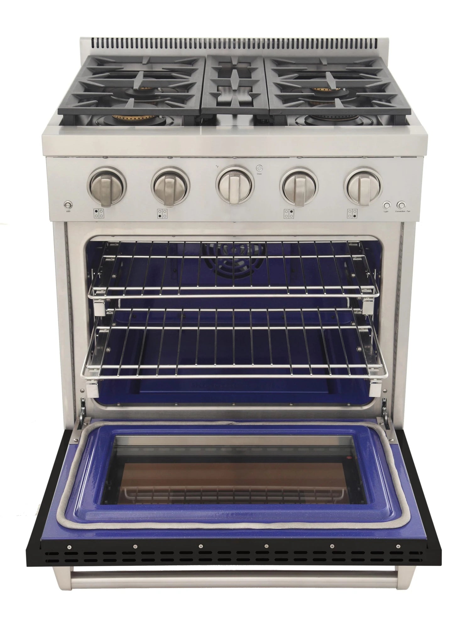 Black gas range with four burners and open oven door, showing blue interior and racks.