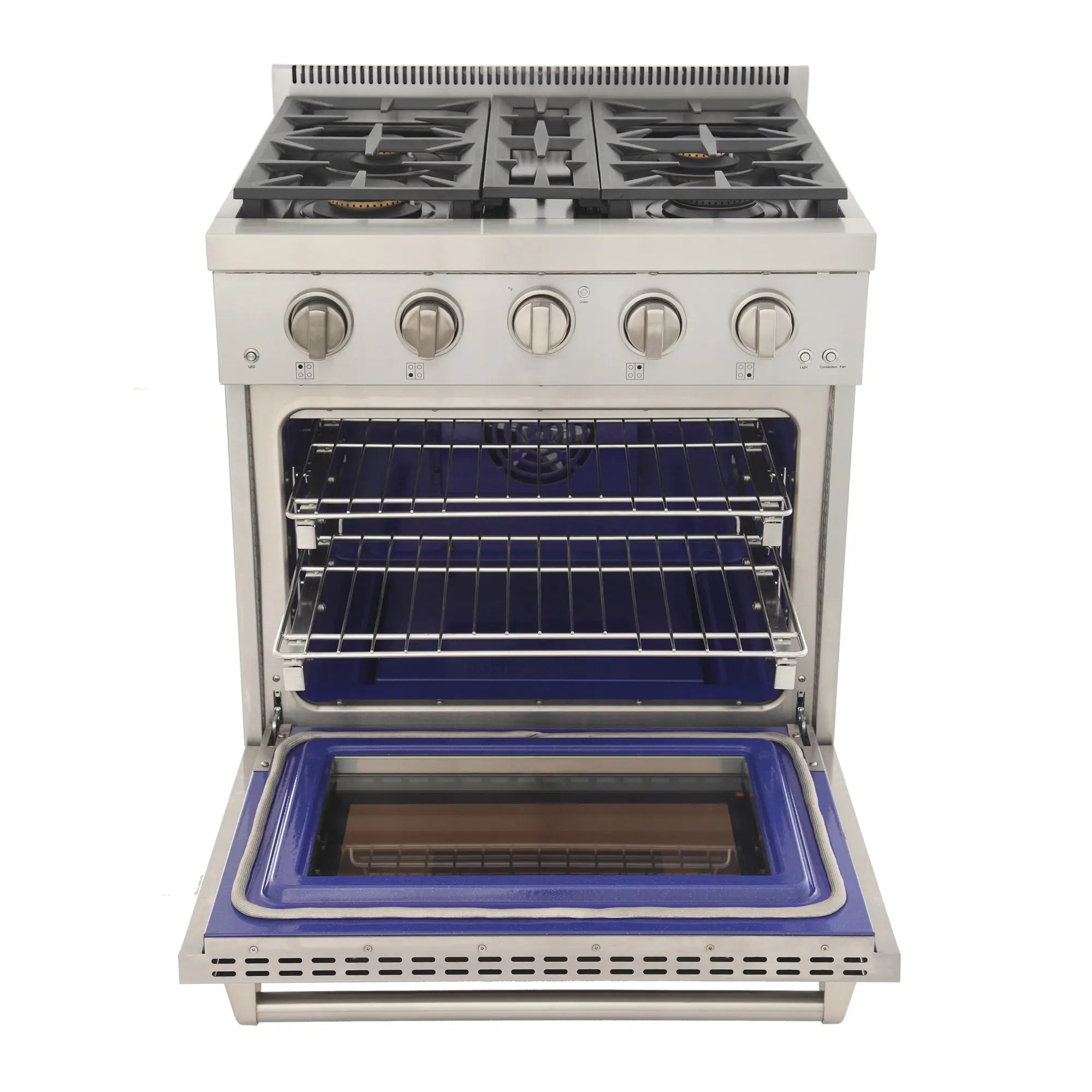 Olive green gas range with open oven door and blue interior