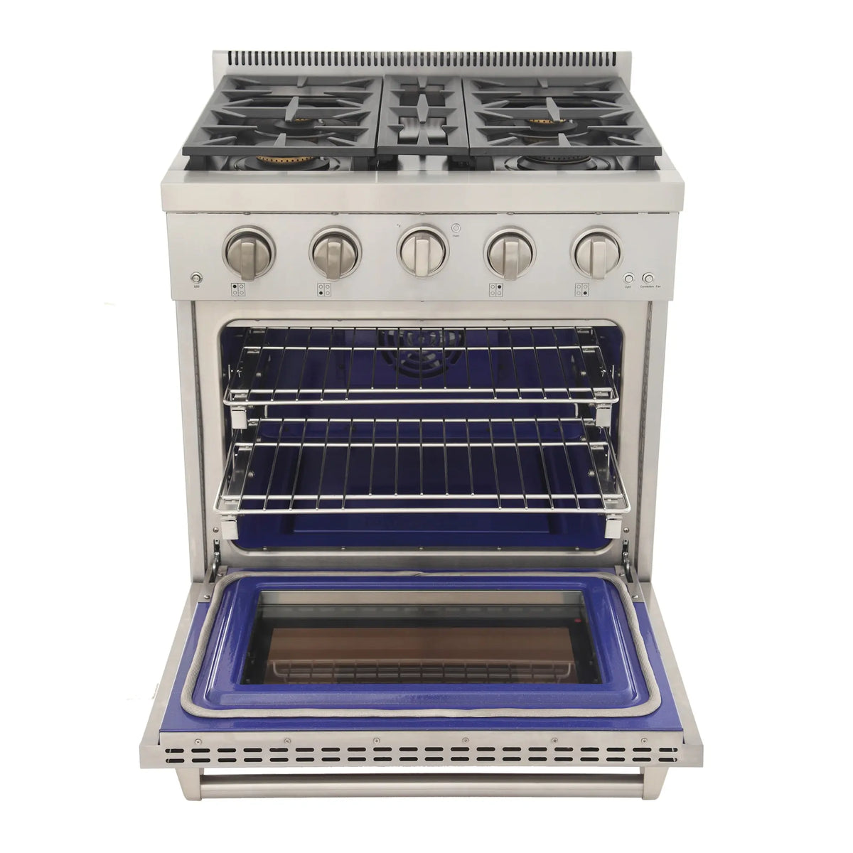 Cement gray gas range with open oven door and blue interior rack