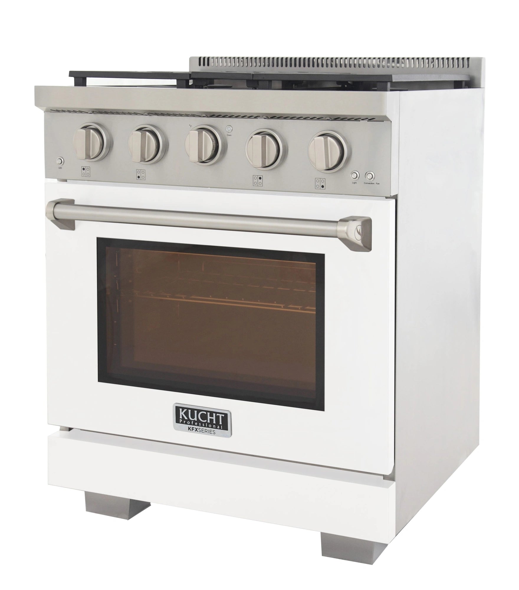 White Kucht 30-inch gas range front view with oven window and flat metal handle