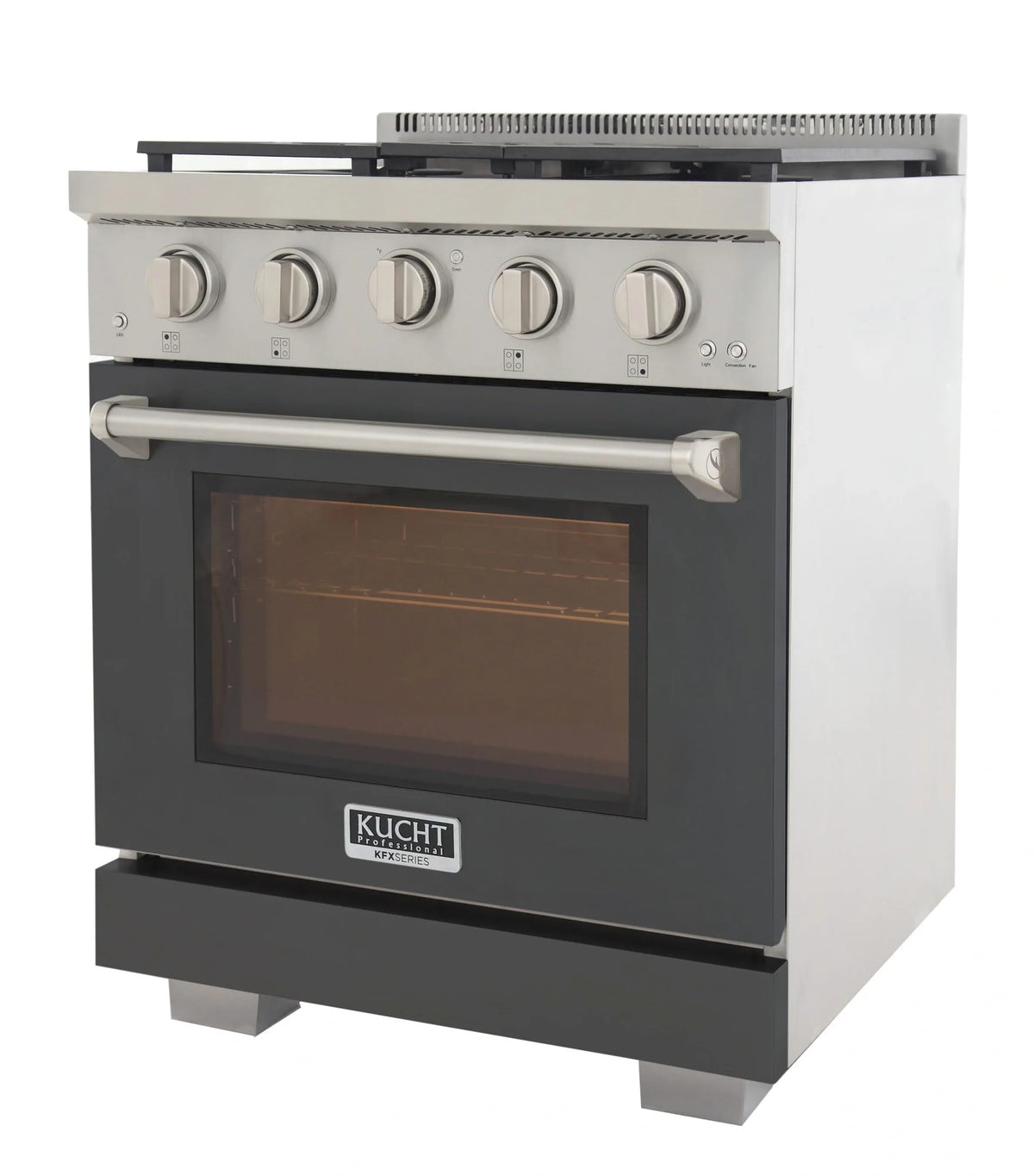 Cement gray propane gas range with control knobs, oven handle, and oven window