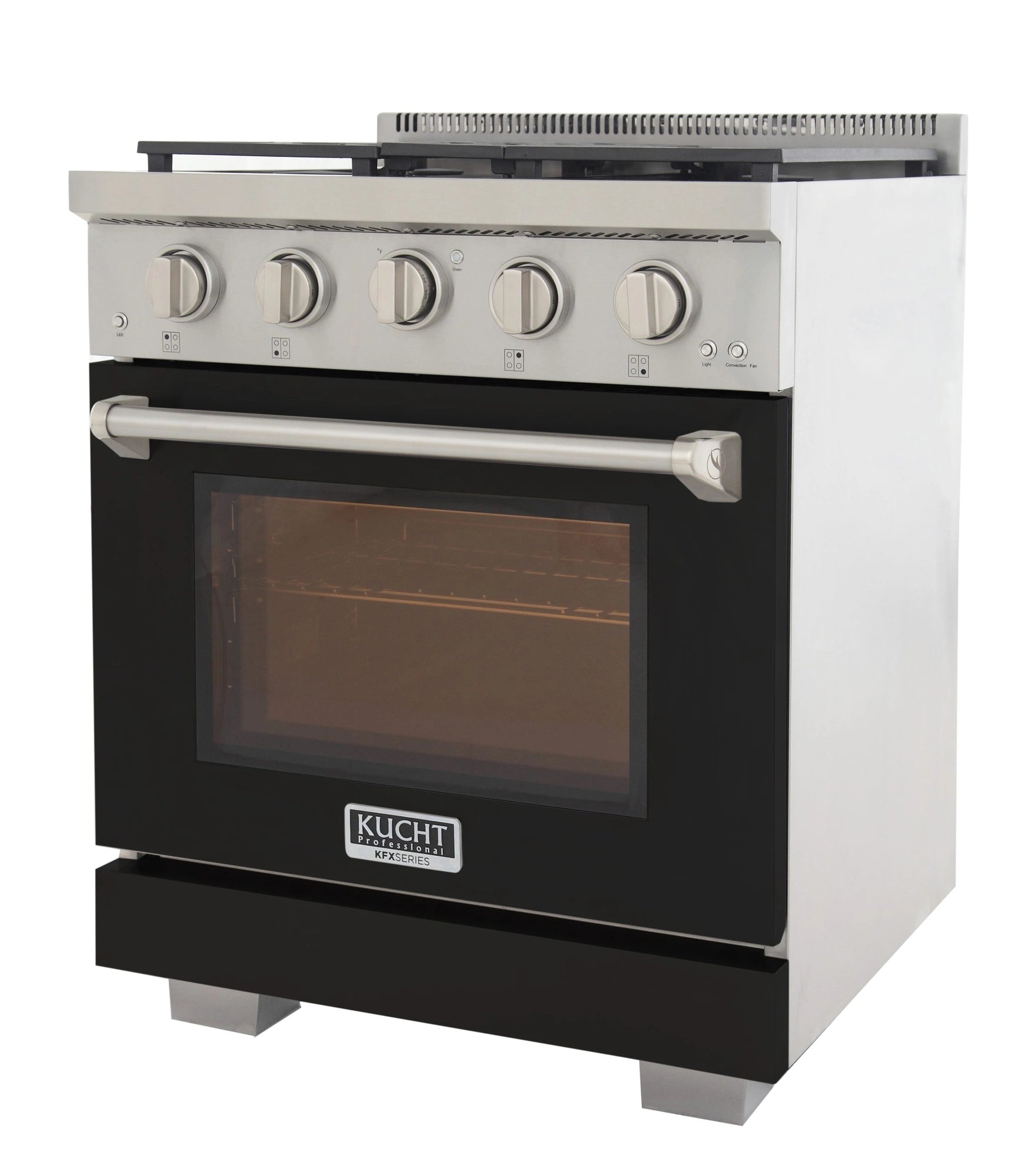 Black gas range with four control knobs, oven door closed, and metal handle bar.
