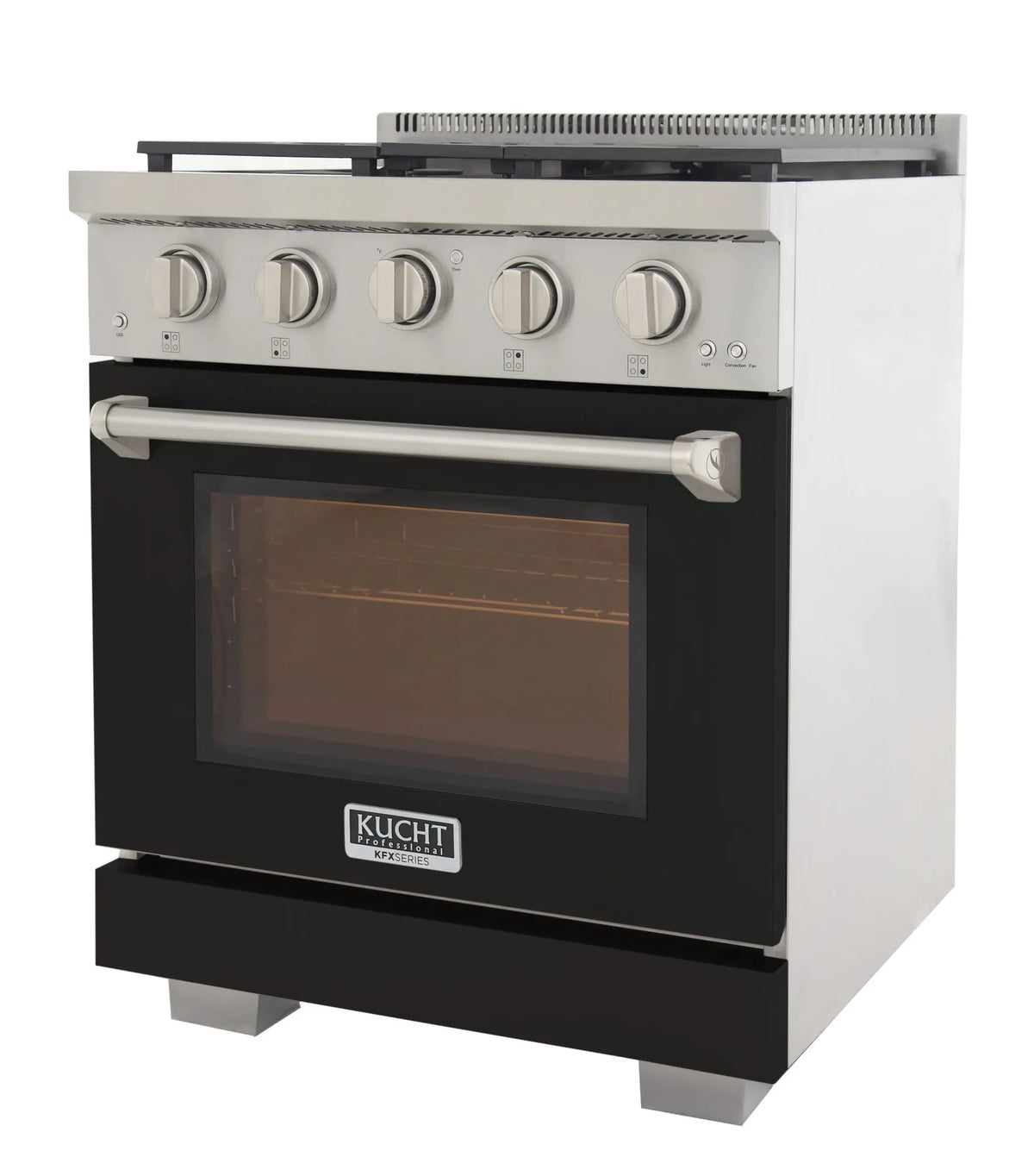 Kucht propane gas range with black oven window and silver knobs, side-front view