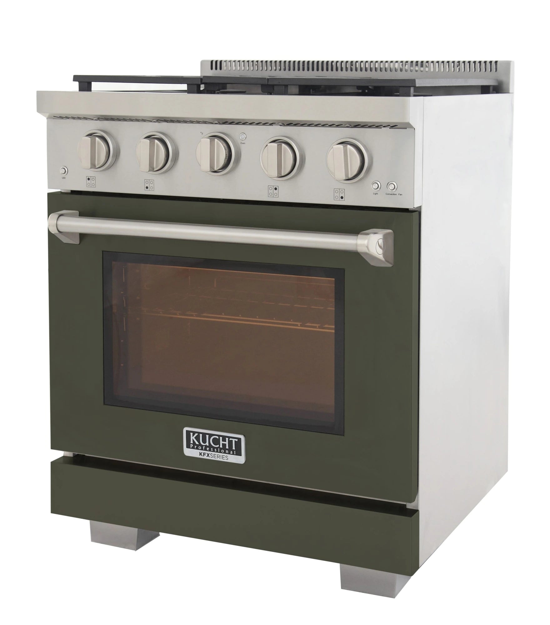 Gas range front view with flat handle and Kucht logo on dark oven door