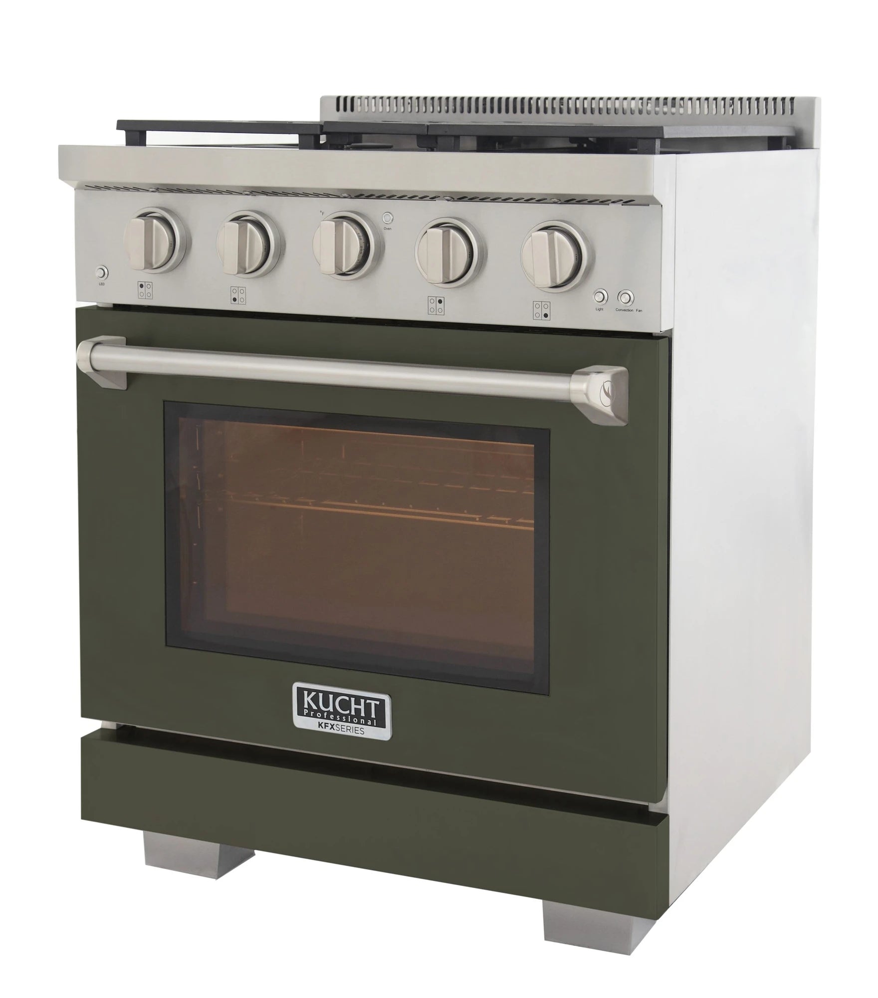 Olive green gas range front view with oven door window and control knobs