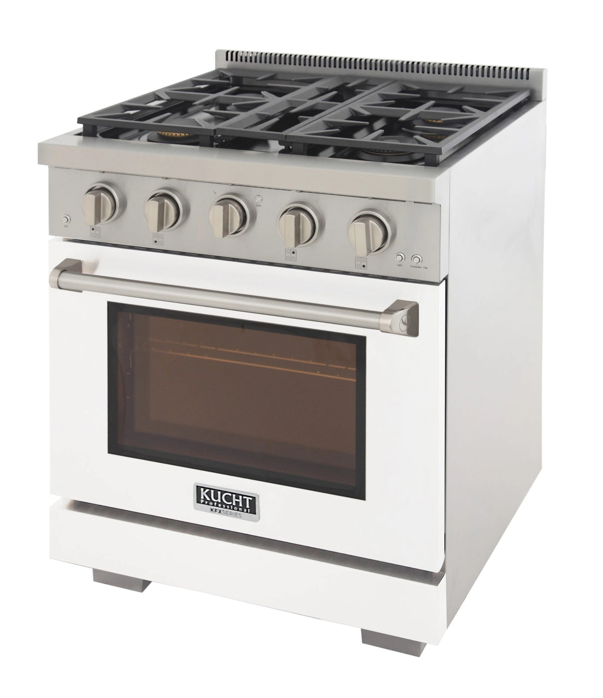White gas range with silver knobs, oven window, and black cast cooktop grates