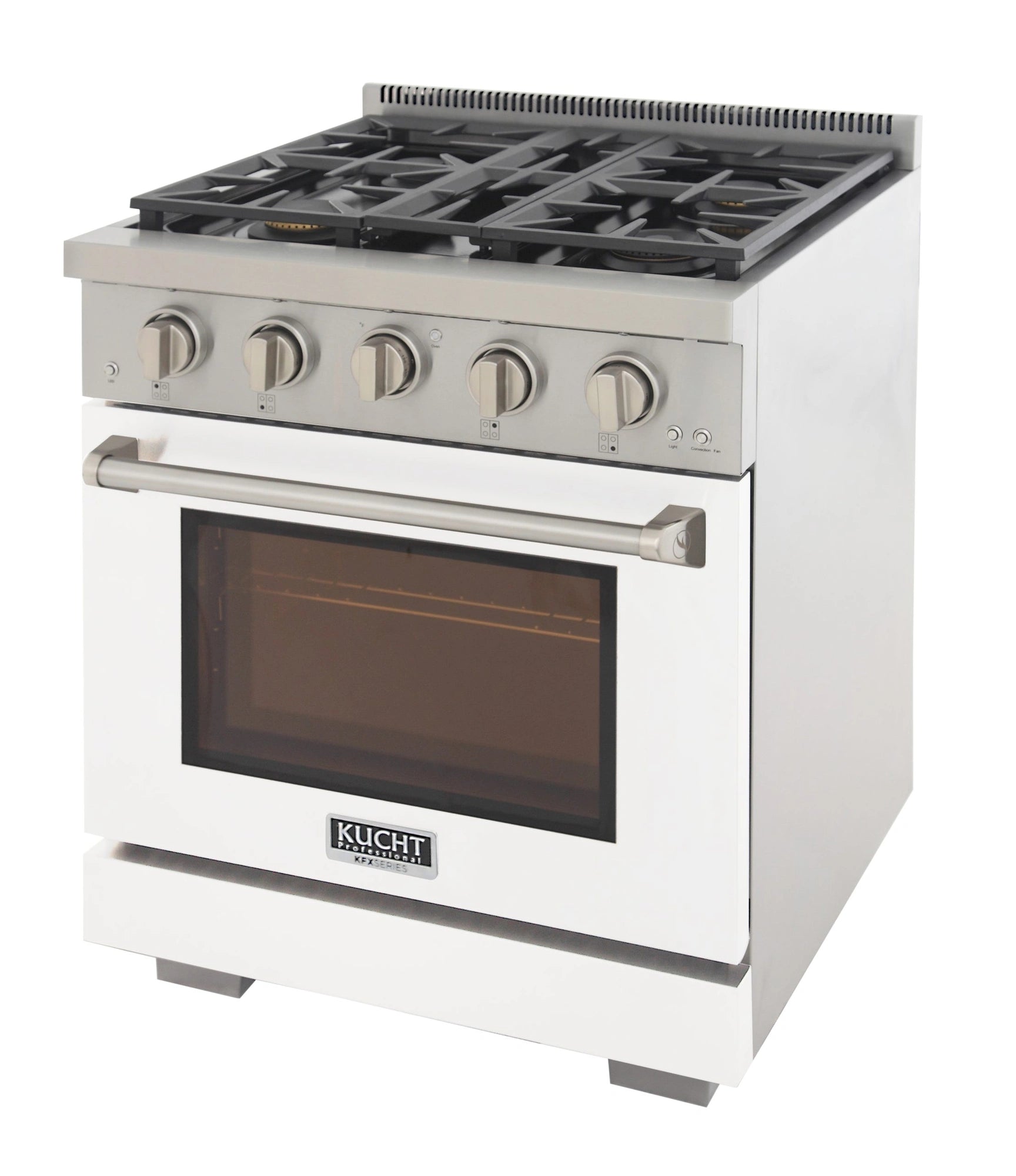 White Kucht gas range with grates, front knobs, and oven door with viewing window