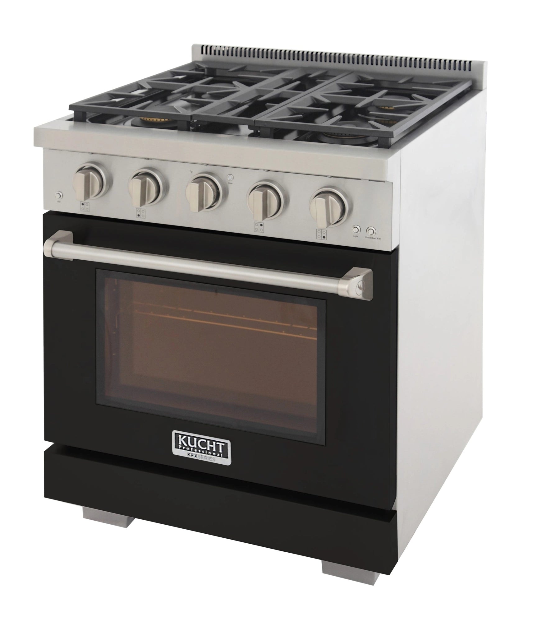 Stainless and black gas range with four burners, front control knobs, and closed oven door.