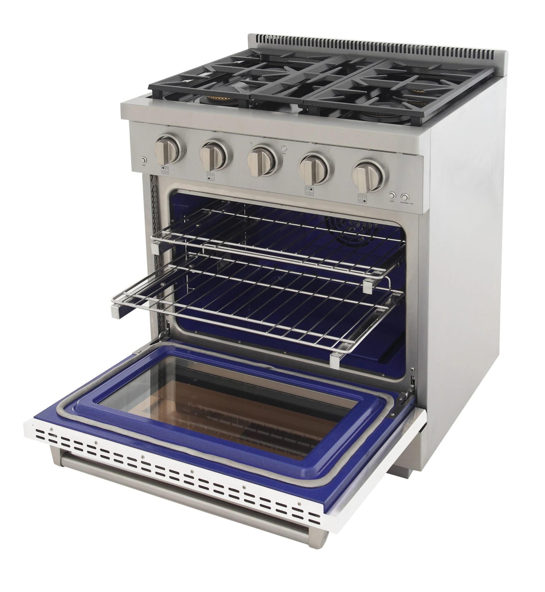 White Kucht gas range oven open, showing wire racks and blue enamel oven liner