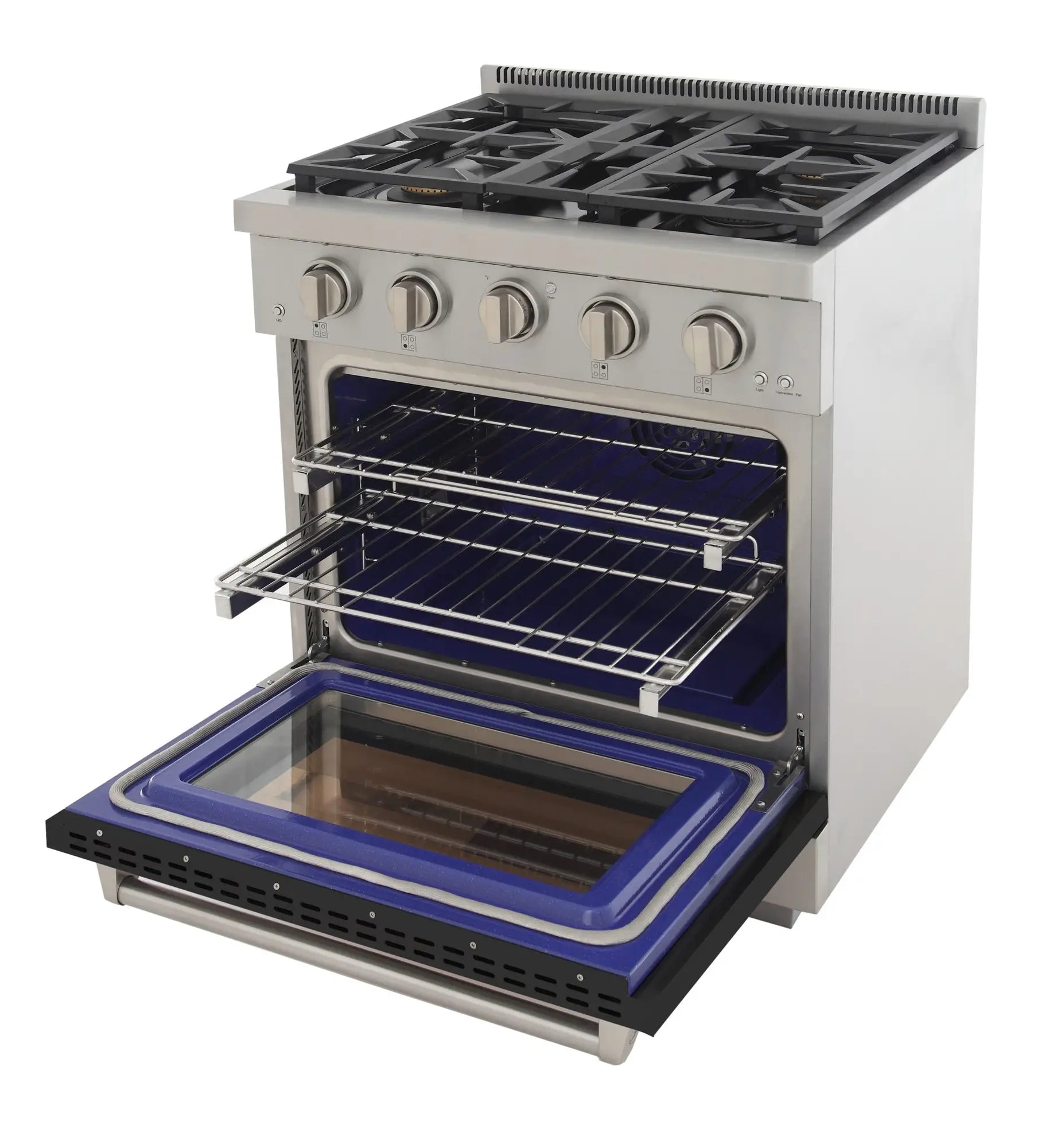 Black gas range with burners and open oven door, showing wire rack and blue oven floor.