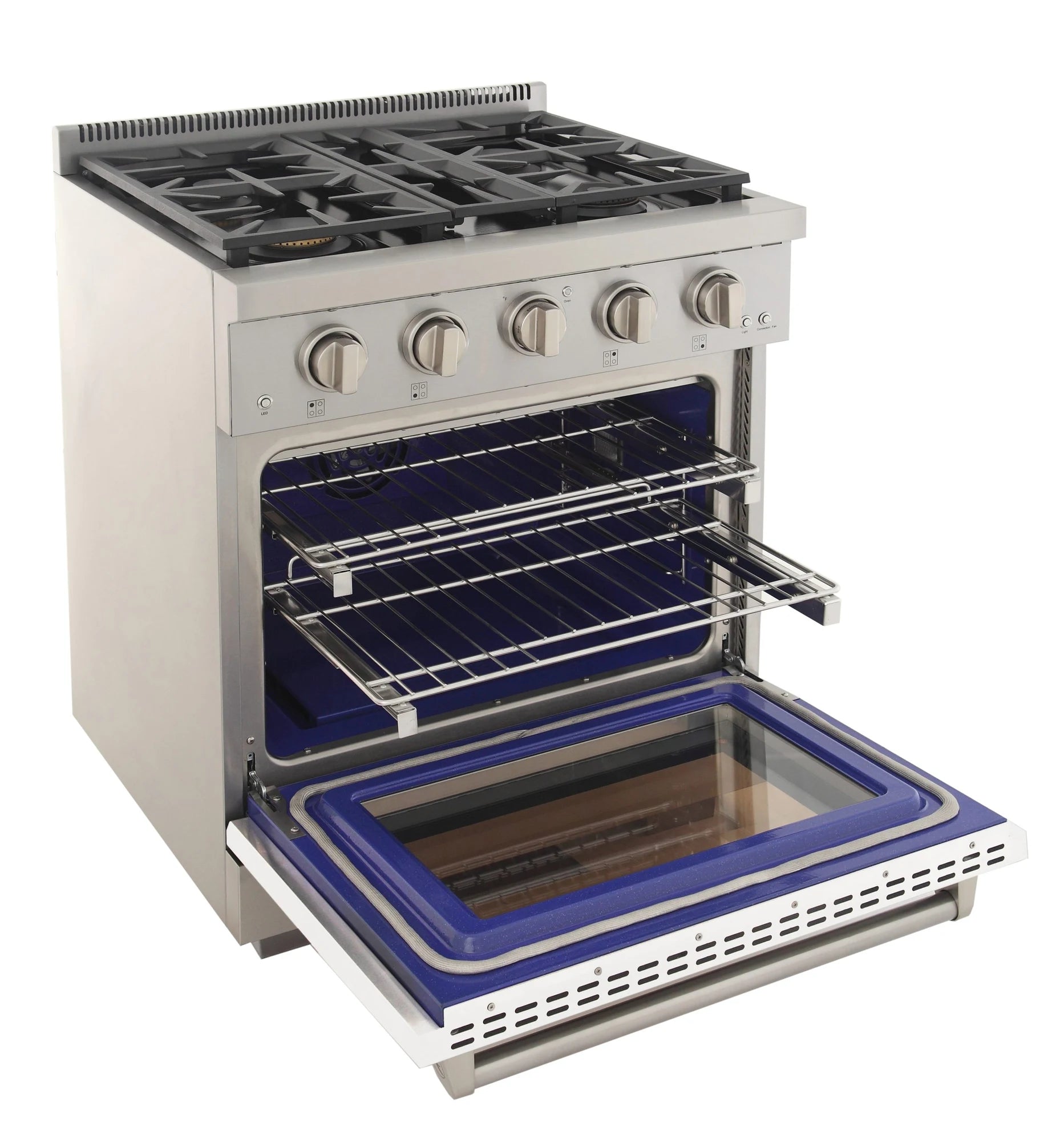 White Kucht gas range with open oven door, racks inside, and blue base tray
