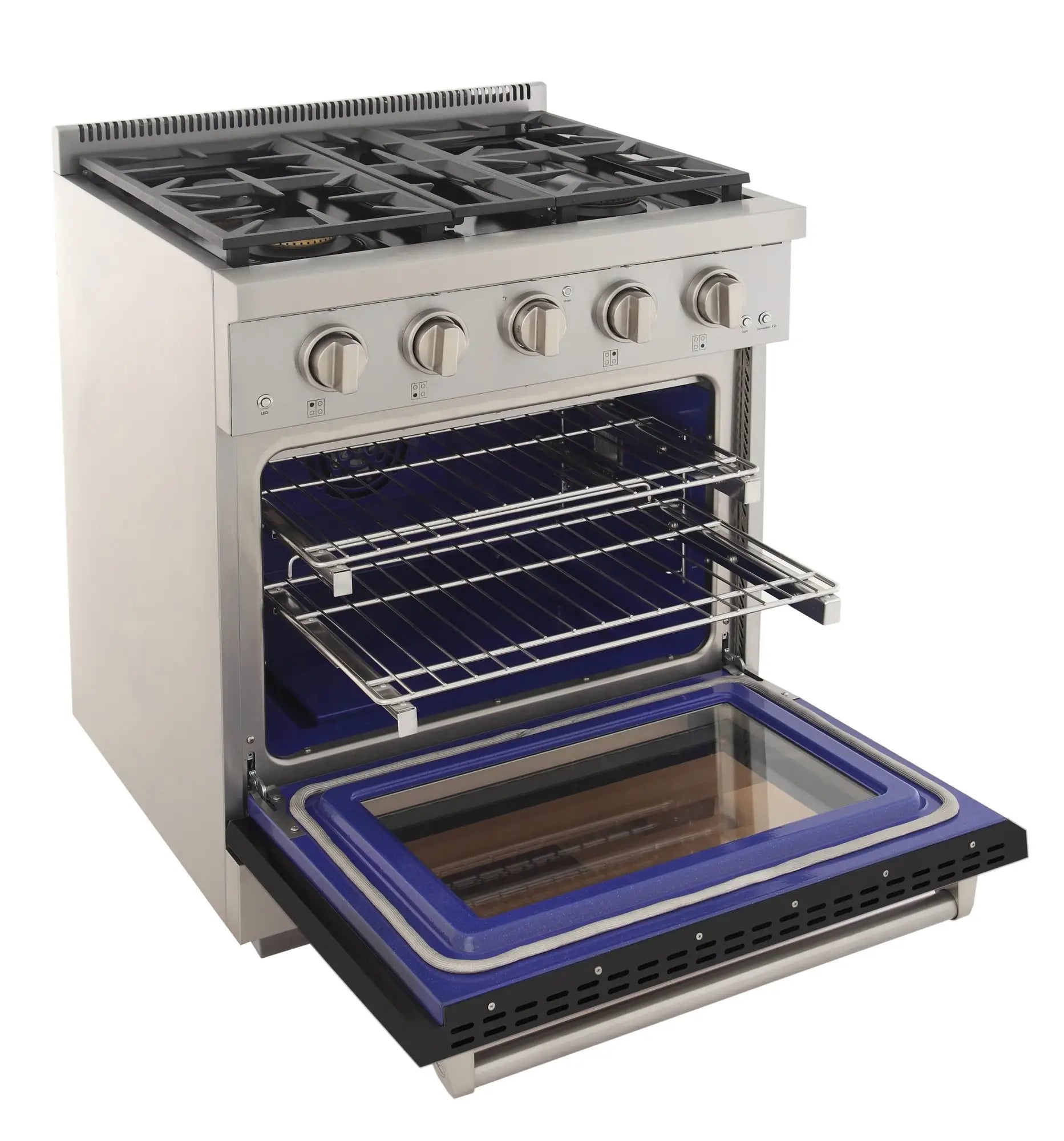Black gas range with burners and open oven, two racks visible, blue interior trim.