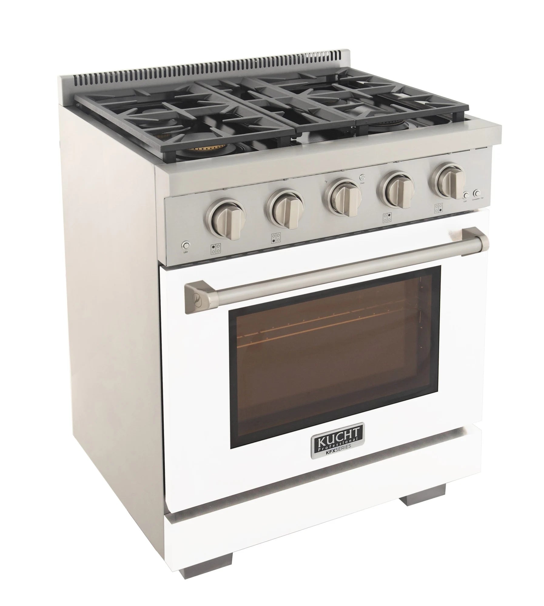 White Kucht gas range angled view with five cooktop knobs and oven viewing window