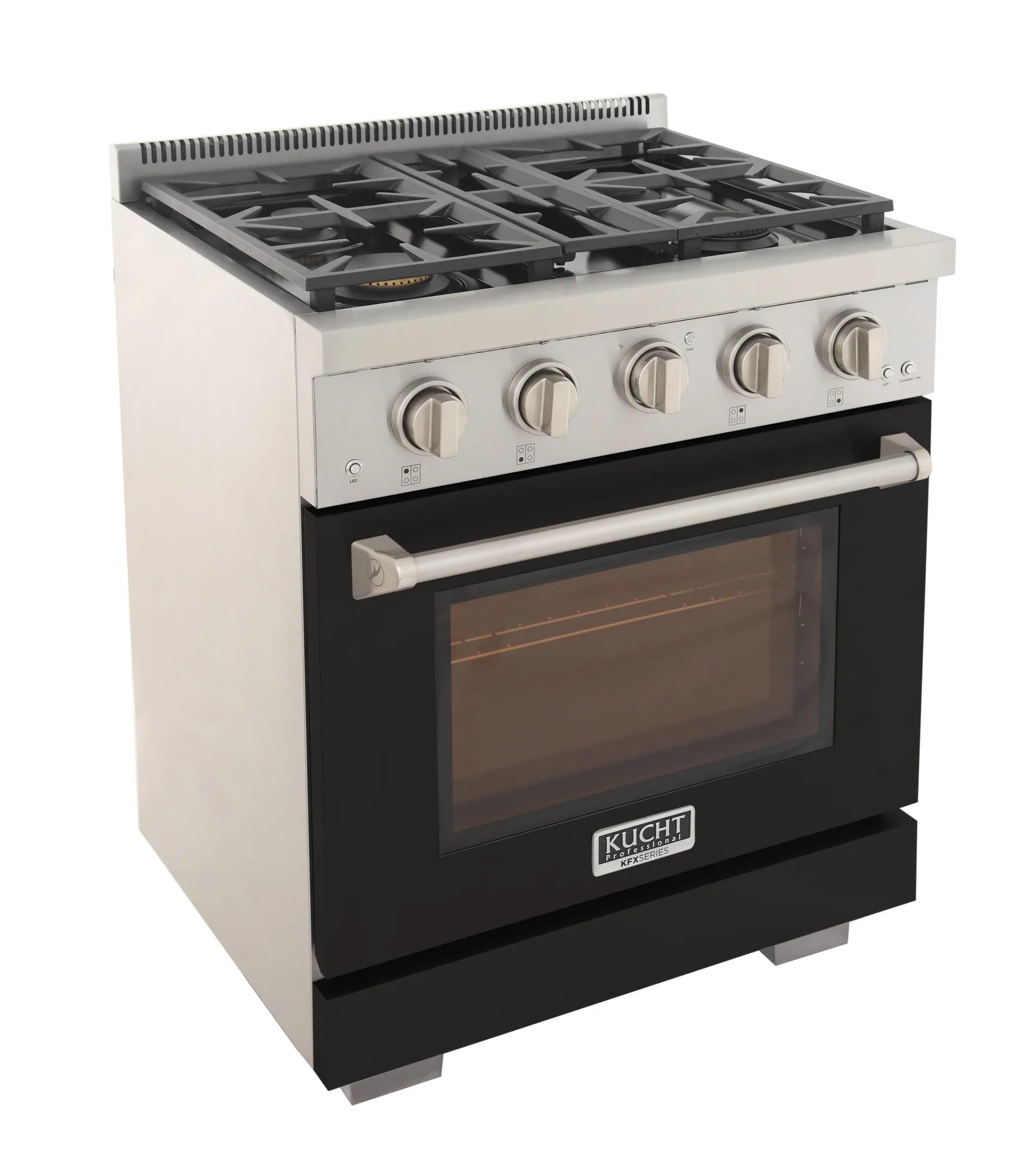 Black and silver gas range with front oven window and handle; four-burner cooktop