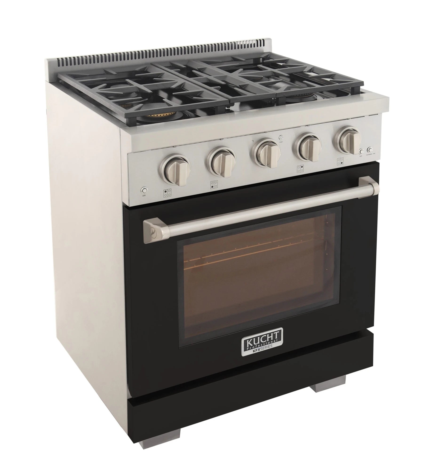 Black gas range with griddle-style burner grates, control knobs, and closed oven door window.