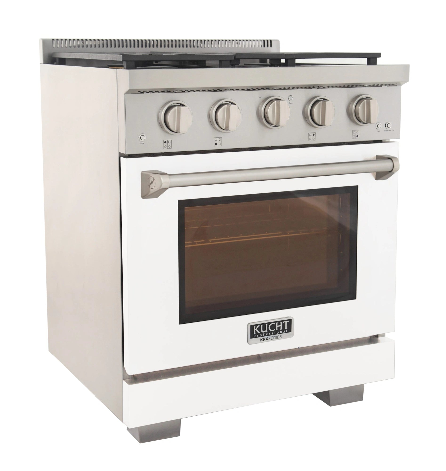 White Kucht gas range front angled view with control knobs and oven viewing window