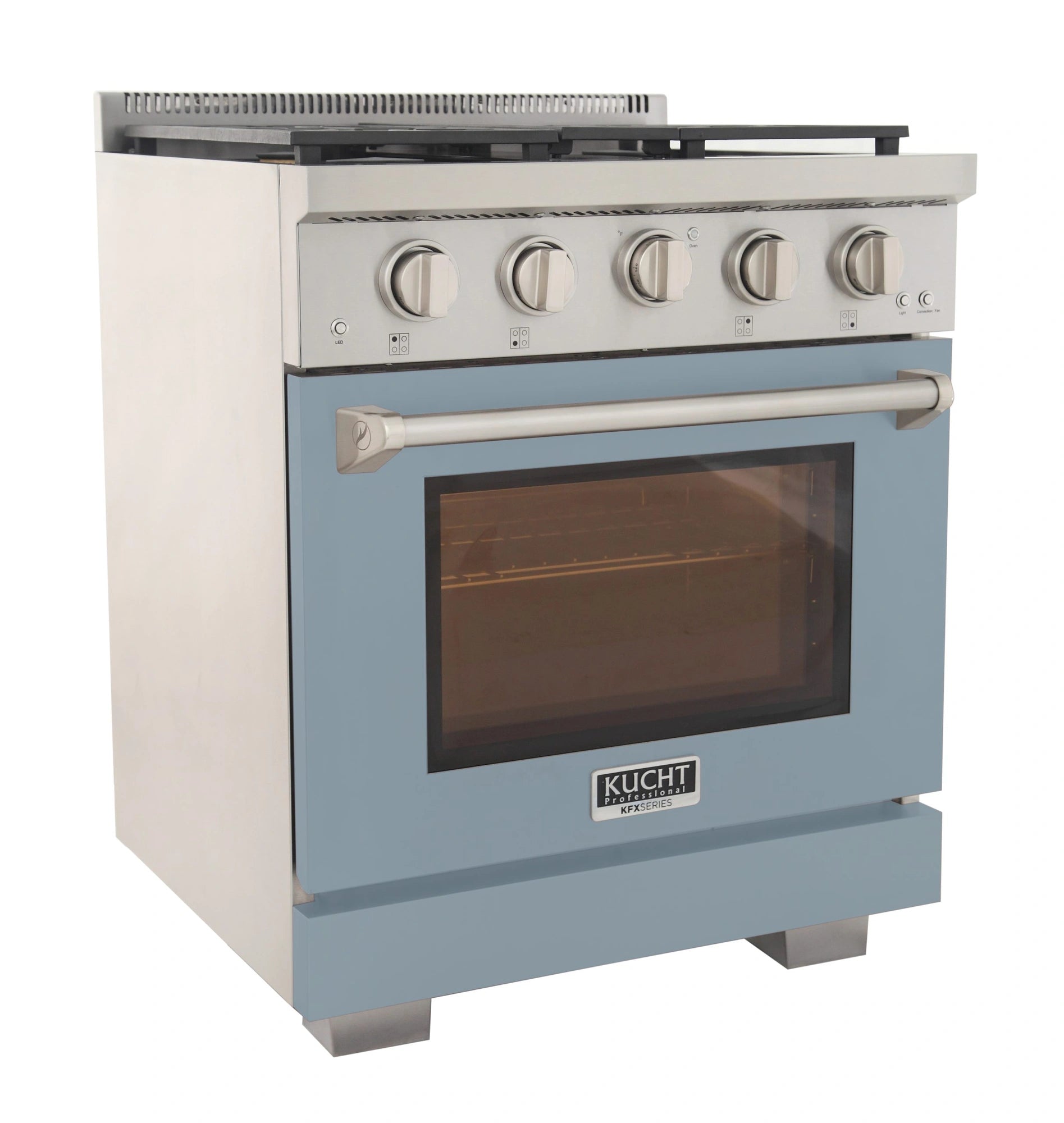 Kucht gas range front view with five knobs, oven window, and blue body