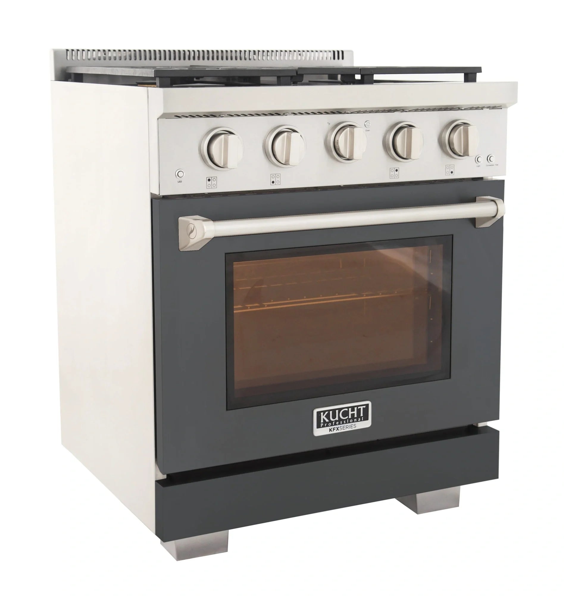 Propane gas range with cement gray finish, oven window, and front control knobs